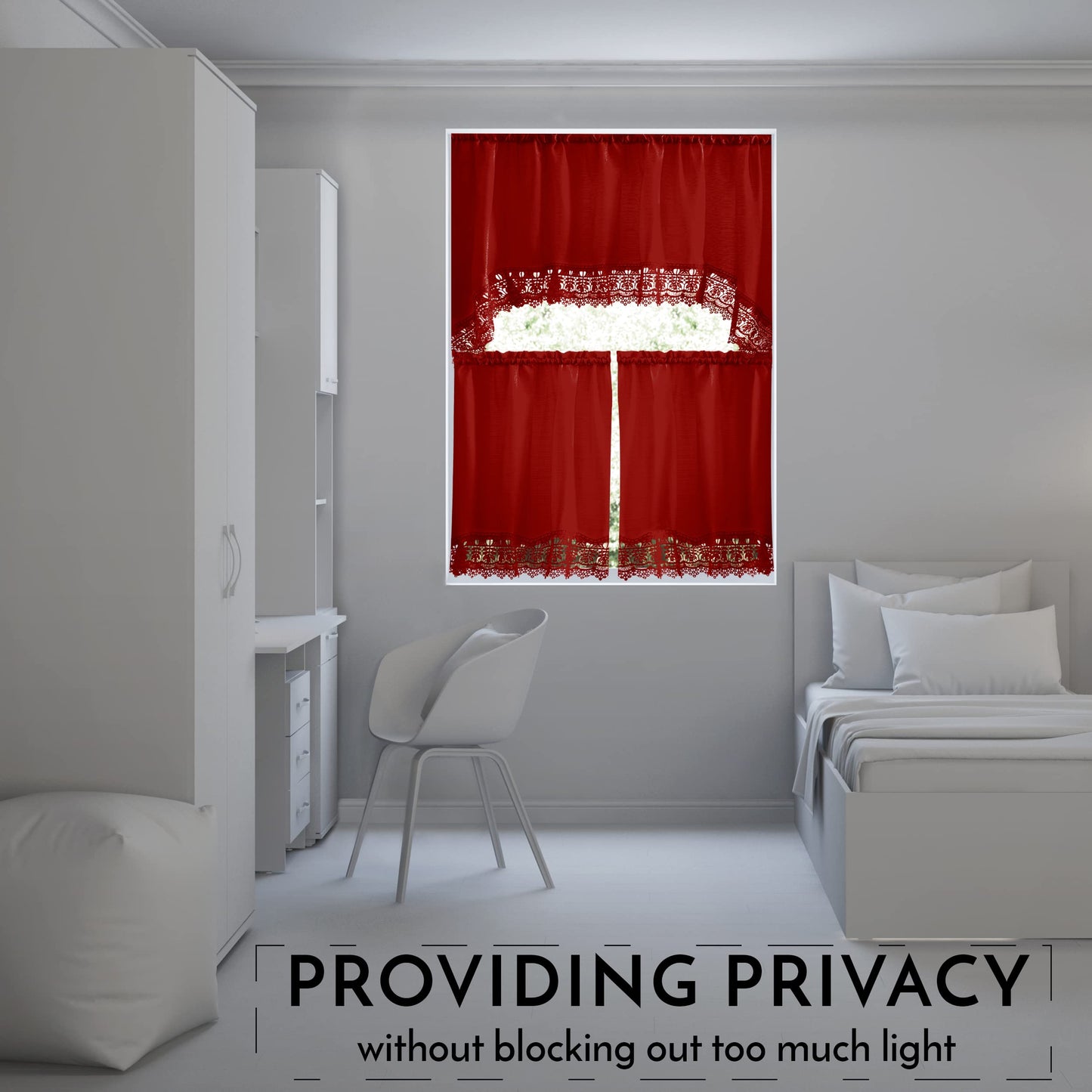 American Linen 3-Piece Kitchen Café Curtains with Embroidered Lace (Red)