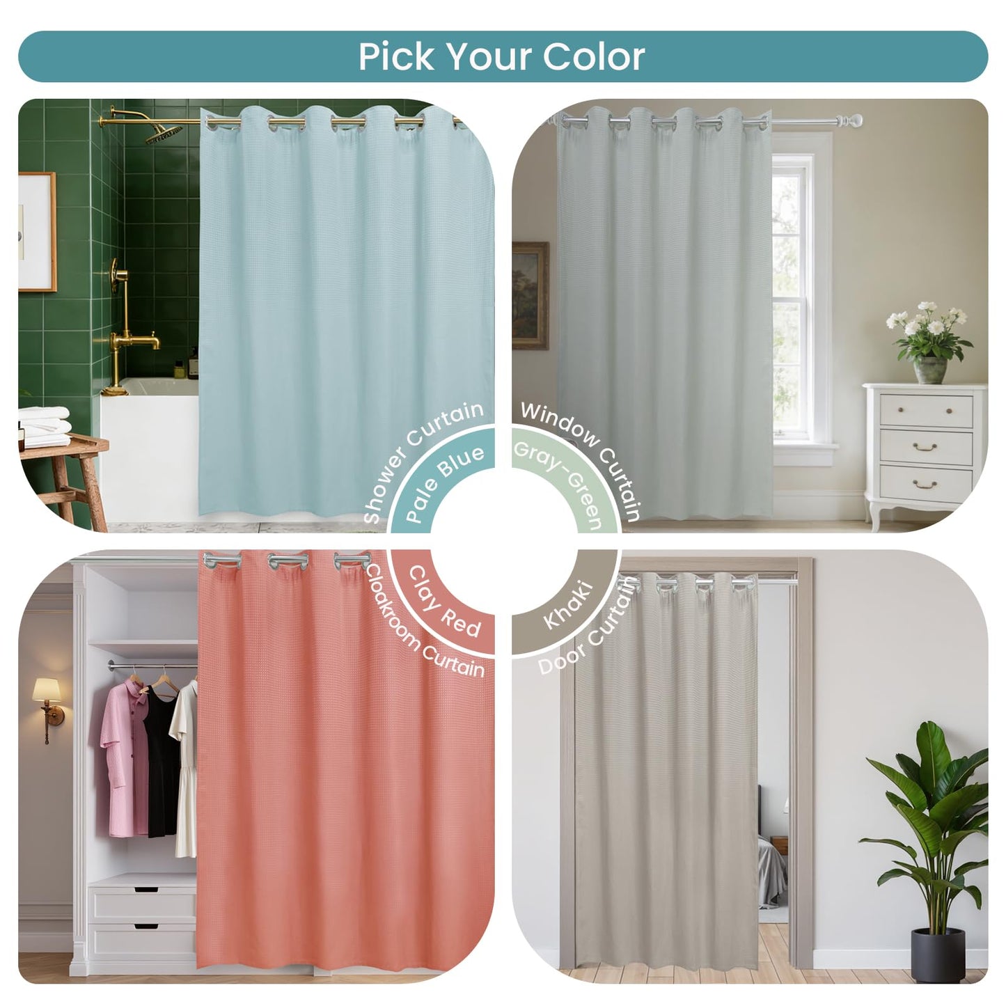 DRIFTED ROOT No Hook Shower Curtain Set with Snap-in Detachable Liner, 230 GSM Waffle Weave Fabric, Heavy Duty Water-Repellent, Pale Blue, 72 x 74 Inch