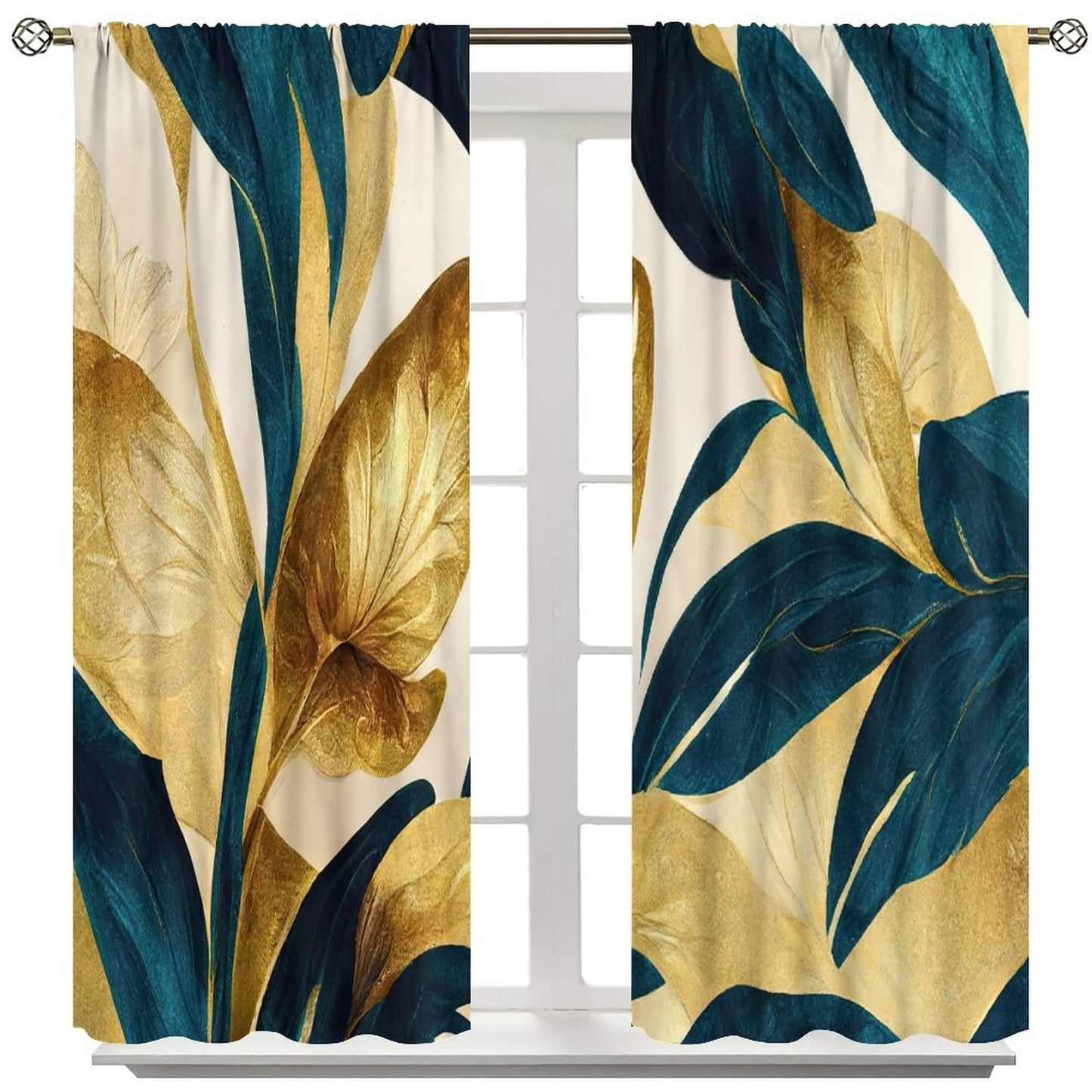 JESTRONRY Abstract Floral Curtains,Elegant Green Gold Summer Plant Printed Patterns Rod Pocket Window Drapes for Living Room Bedroom Bathroom Decor W42xL45in