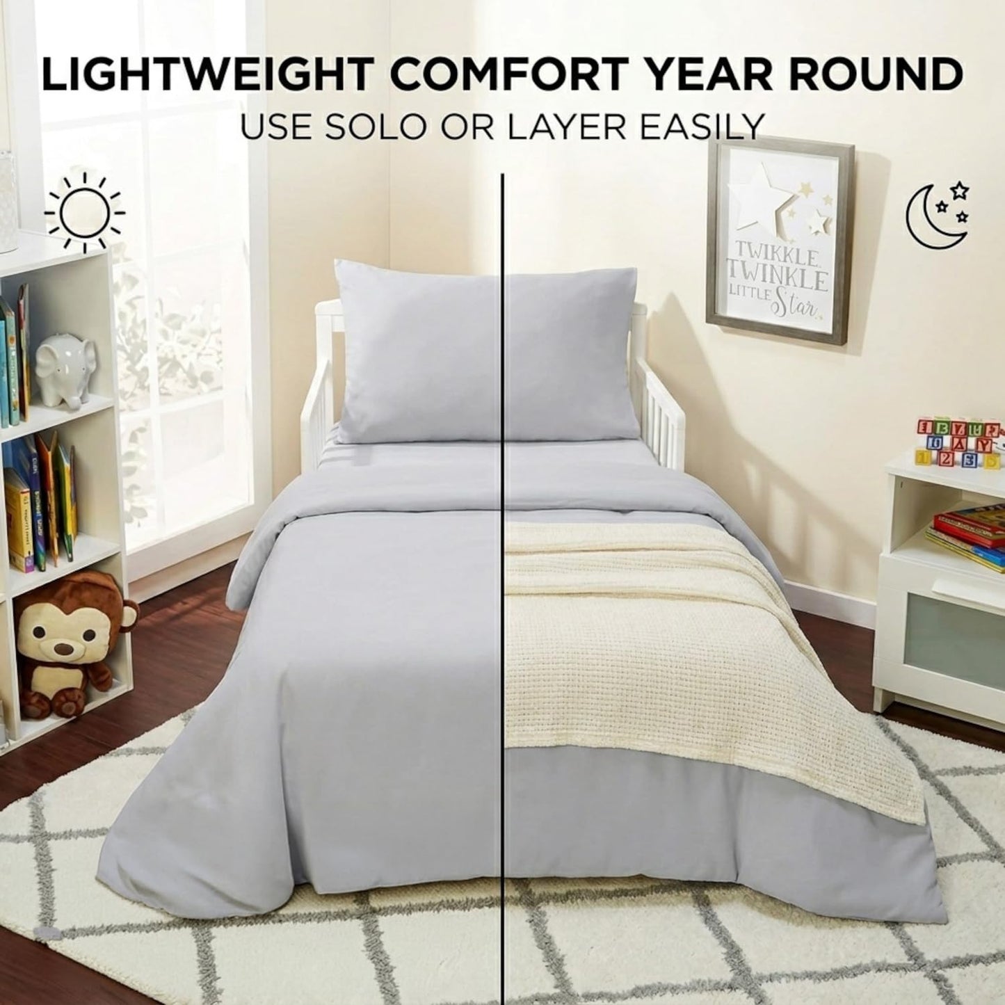 EVERYDAY KIDS 4 Piece Toddler Bedding Set - Includes Comforter, Flat Sheet, Fitted Sheet and Pillowcase - Solid Grey