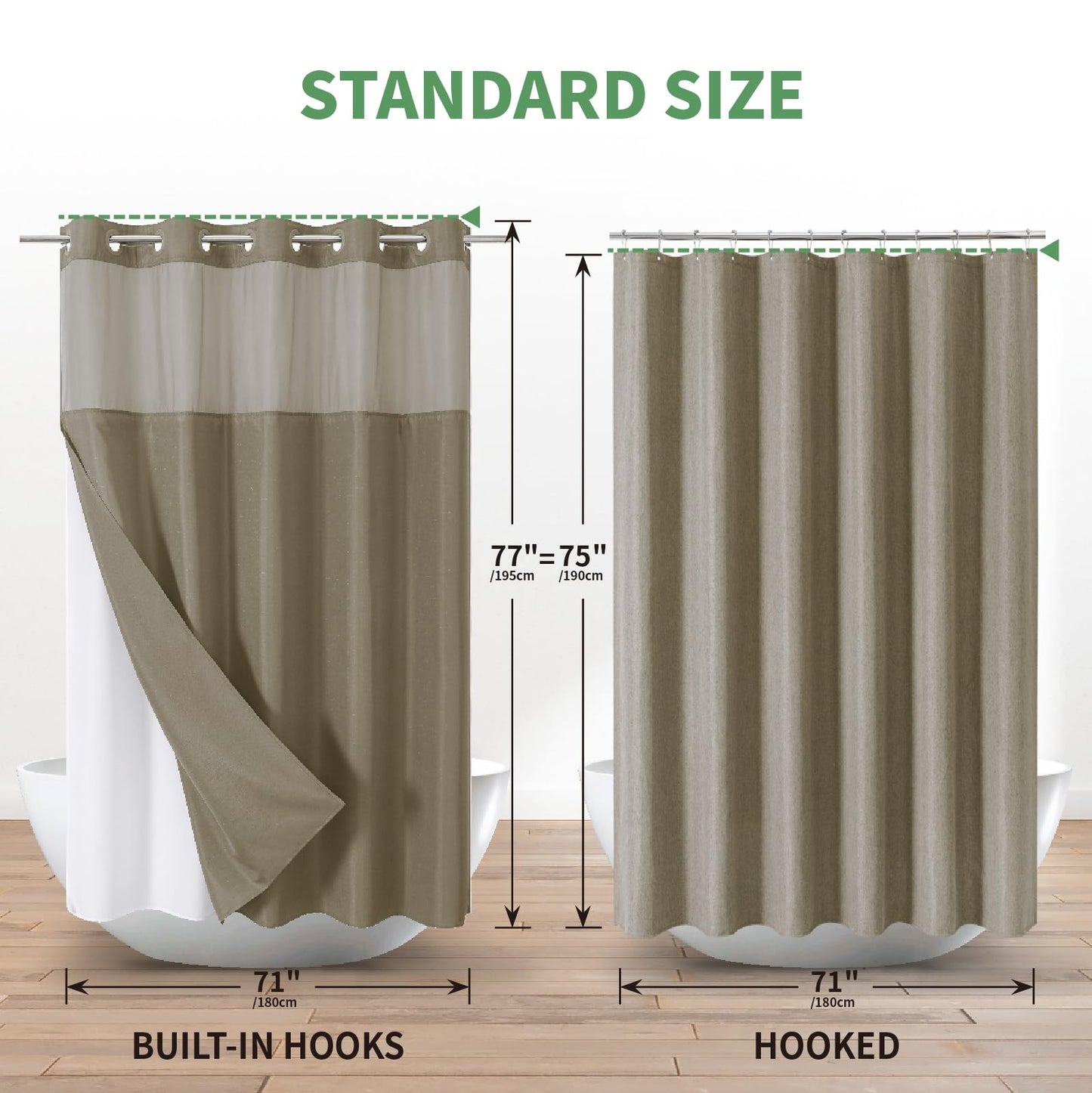 eachope No Hook Shower Curtain with Snap-in Fabric Liner Set,Slub Textured Fabric Shower Curtains for Bathroom,Hotel Style Modern Shower Curtain,Water Repellent & Washable,71x77(75),Tan/Khaki