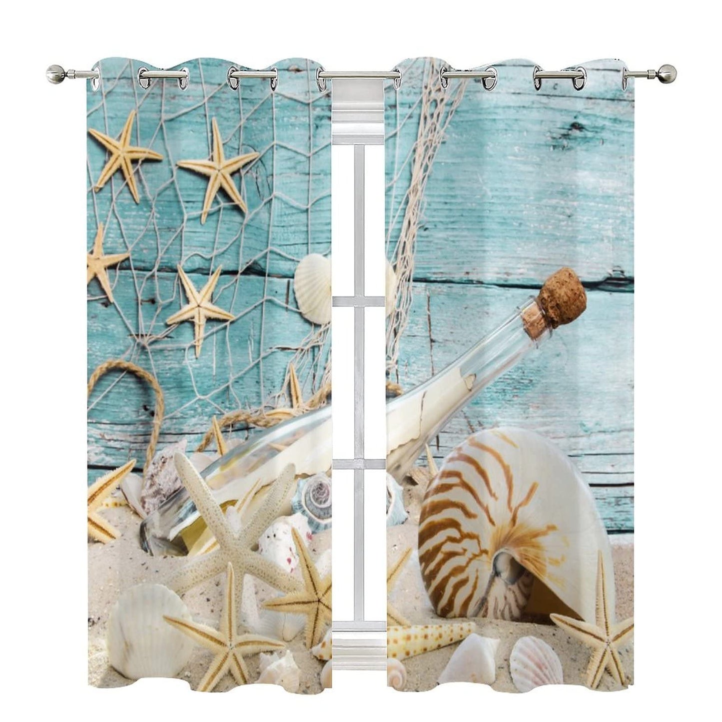Kazynee Vintage Nautical Beach Theme Room Darkening Blackout Window Curtains with Grommets,Abstract Ocean Beach Fishing Net Starfish Theme Energy Efficient Window Treatment 2 Panels 45L x 21W