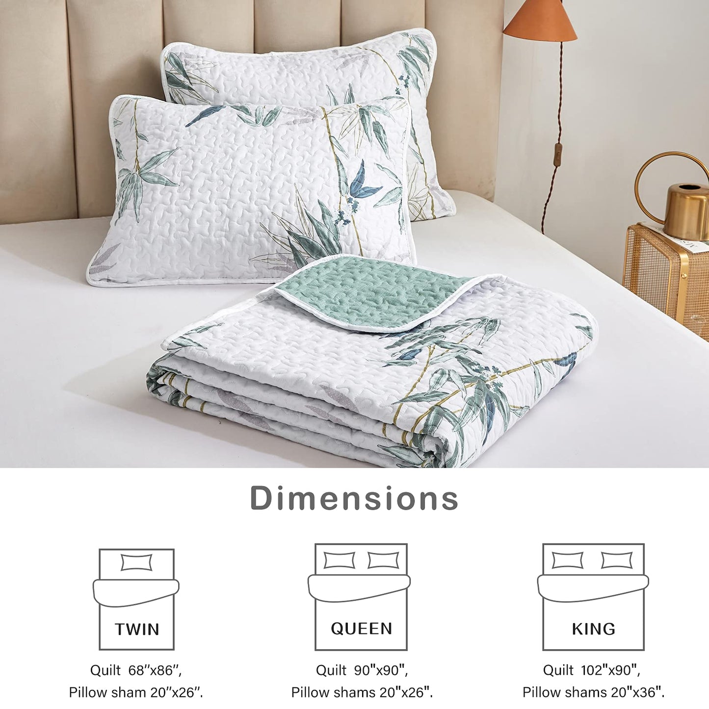 Botanical Quilt Set 3 Pieces King Size, Green Leaves Printed on White Reversible Bedspread Coverlet Set, Soft Microfiber Lightweight Bed Cover for All Season (102" x 90", 1 Quilt+ 2 Pillow Shams)