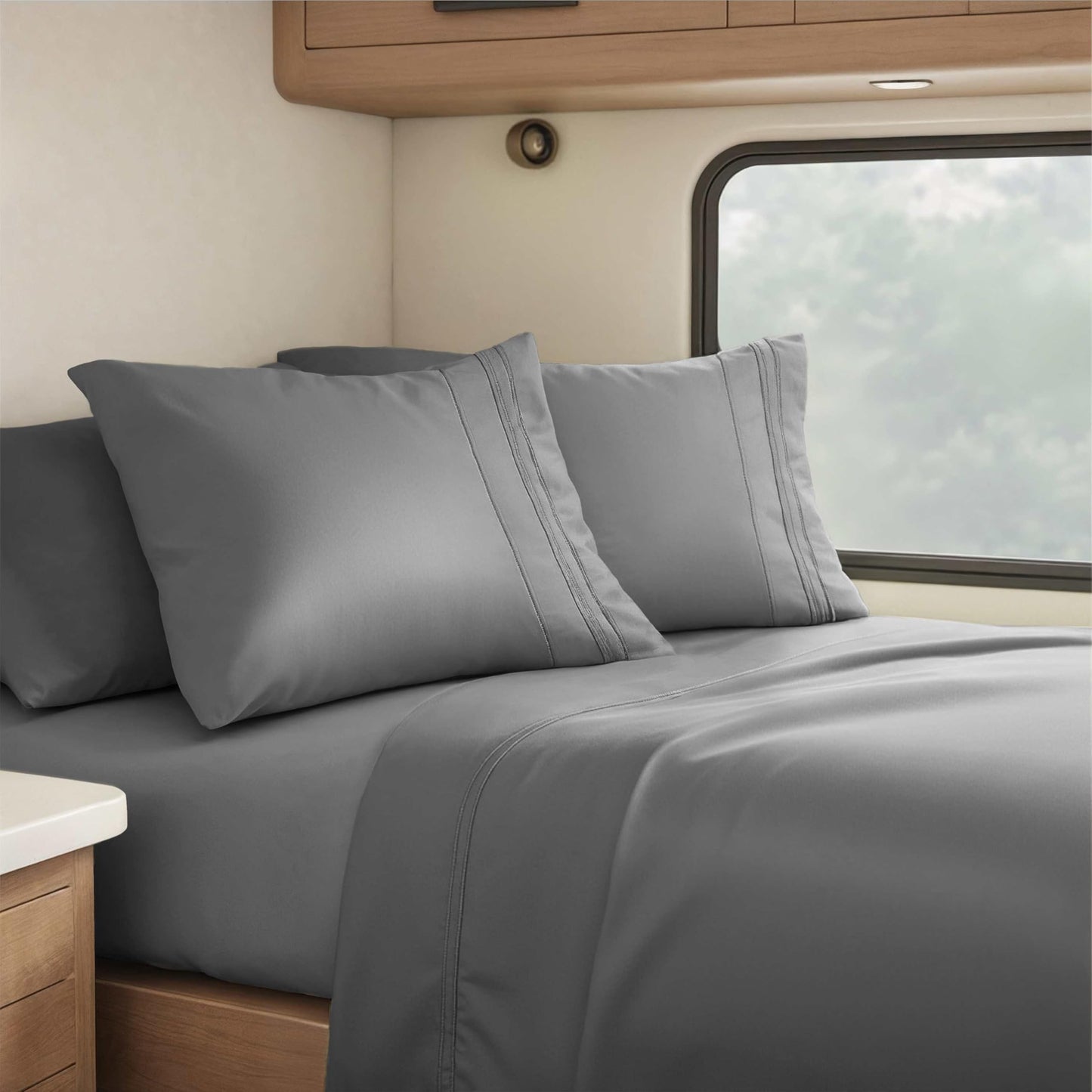 Hearth & Harbor Short Queen Sheets for RV, Dark Grey RV Queen Sheets, Silky Soft 1800 Microfiber Bed Sheet for Camper, 4 Piece RV Bedding with Pillowcases