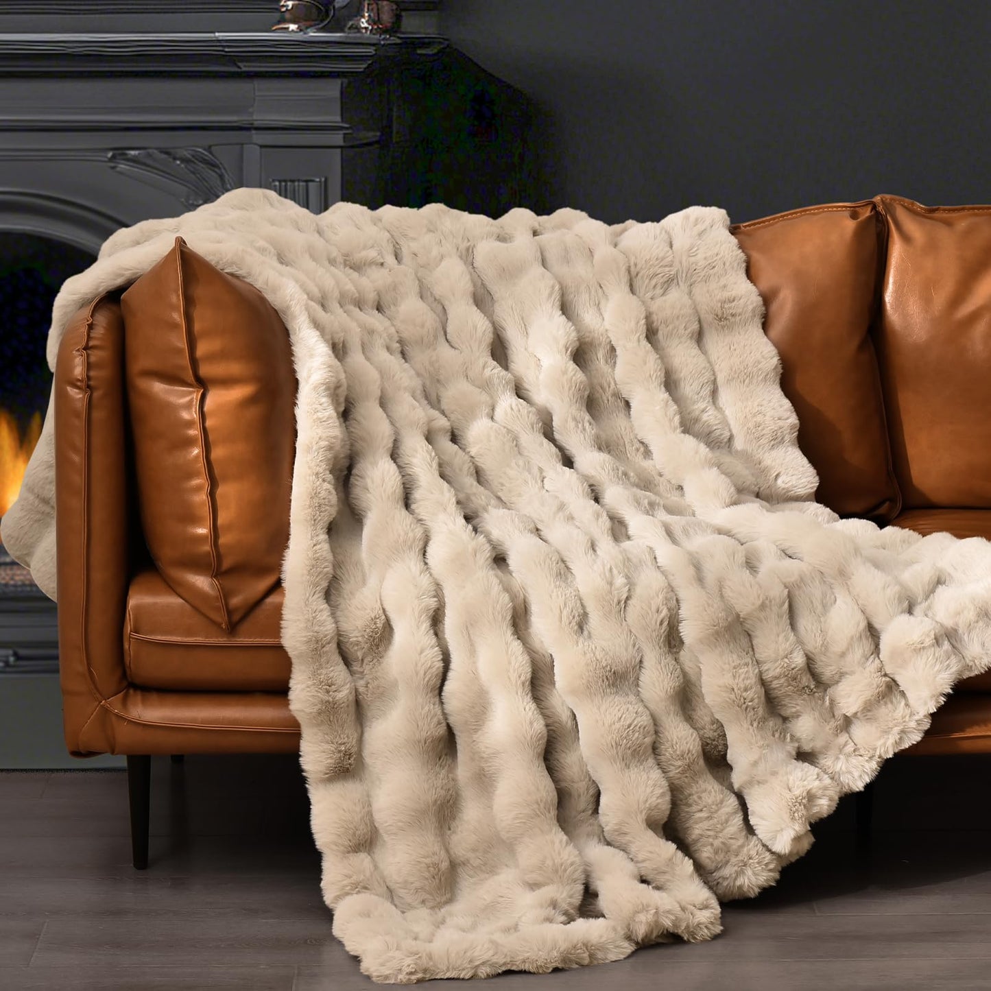 PHF Luxury Faux Rabbit Fur Throw Blanket, Ultra Soft Fluffy Plush Cozy Warm Bubble Blanket for Bed, Couch, Chair, Sofa Decorative, Thick Reversible Throw Suitable for Fall & Winter, 50" x 60", Oak