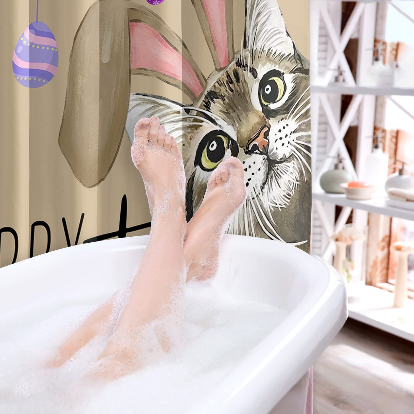 Roszwtit Happy Easter Shower Curtain, Easter Cat Bunny Shower Curtains for Bathroom, Spring Easter Eggs Home Decor Waterproof Fabric with Hooks 72x72 Inch