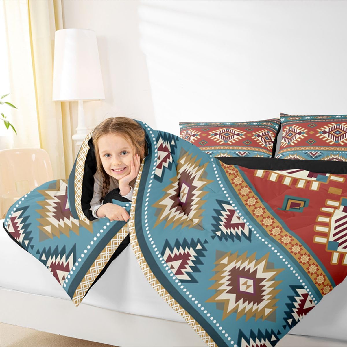 jejeloiu Southwest Native American Design Bedding Set Soft for Boys Girls, Southwestern Geometric Comforter Set Queen Size Boho Duvet Quilt Microfiber Tribal Bedroom Decor 3 Pcs with 2 Pillow Cases