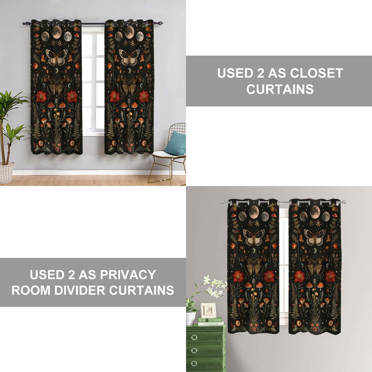 Fangpamz Moth Butterfly Door Curtain for Doorway, Mushroom Moon Phase Boho Flowers Closet Door Cover, 1 Panel 34" W x 80" L