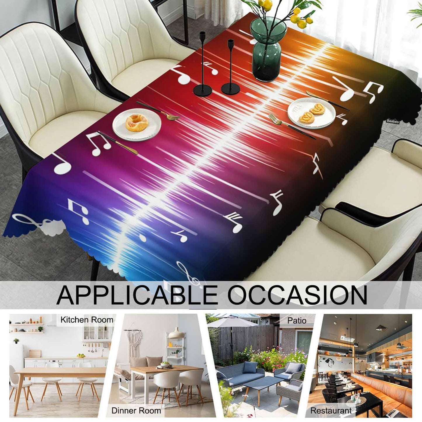 Beabes Music Notes Dinner Tablecloth Table Cover, Rainbow Spectrum Pulse Music Notes Hippie 52x70 Inch Table Cloth Dust-Proof Table Cover Protector for Home Restaurant Picnic Camping BBQ