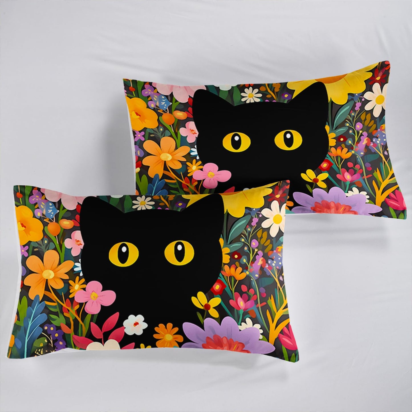 QOOMO 3Pcs Cat Comforter Set Twin,Black Cat Bedding Set for Teens Boys Girls,Floral Printed Comforter with 2 Pillowcases,Down Alternative,Soft and Lightweight