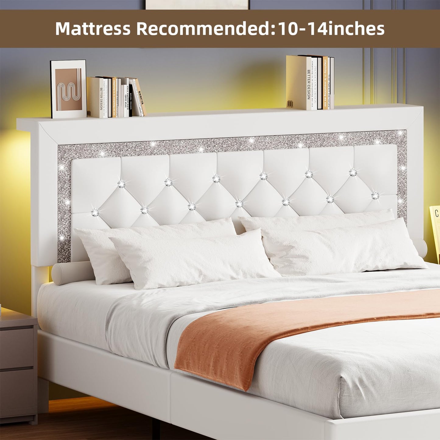 BarnFurin Queen Bed Frame with Storage Headboard, Bed Frame Queen Size with Diamond Tufted Headboard and LED Lights, Wooden Slats Support, Noise Free, No Box Spring Needed, Easy Assembly, White