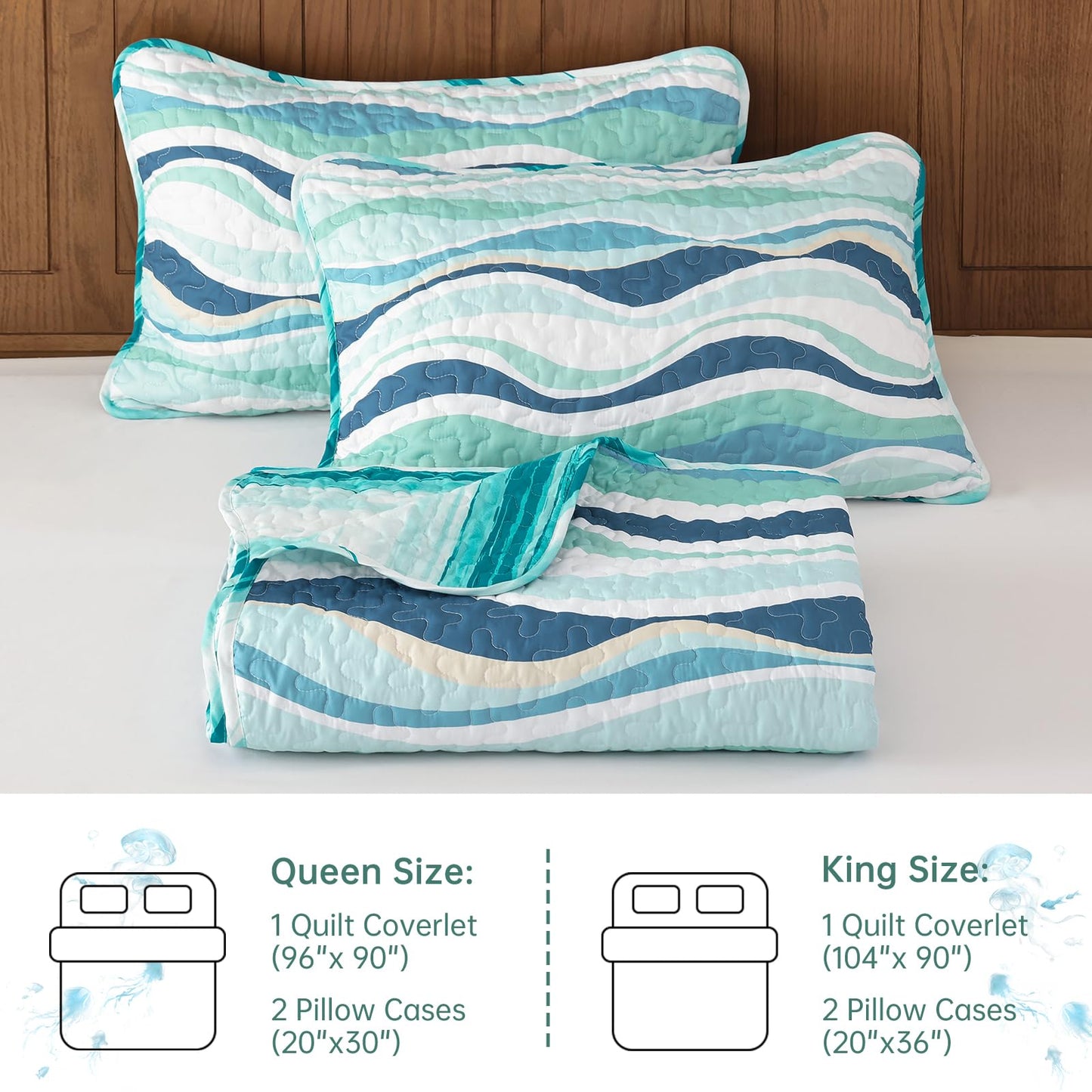DJY Green Seawaves Ocean Quilt Set King Coastal Beach Theme Quilt Coverlet Soft Microfiber Reversible Bedspread with 2 Pillow Shams 3 Pieces Nautical Stripe Bedding Quilt for All Season 104"x90"