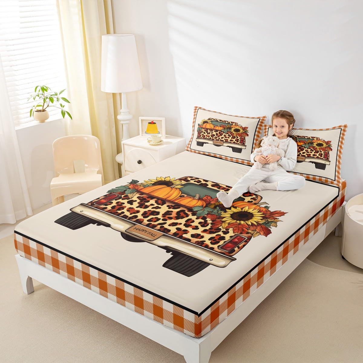 Fall Pumpkin Truck Bed Sheets Queen Orange Rustic Farmhouse Buffalo Plaid Sheet Set Thanksgiving Harvest Bedding Set,Autumn Sunflower Maple Leaves Decor Fitted Sheet + Flat Sheet + 2 Pillow Cases