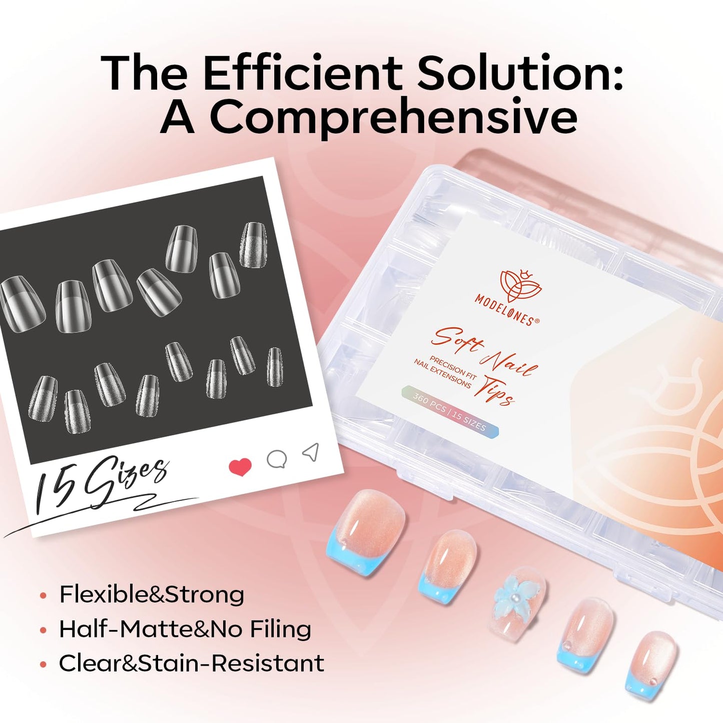 modelones Extra Short Coffin Gel Nail Tips, 360pcs Pre-etched Clear Fake Nails Press On Full Cover Half Matte 15 Sizes Acrylic Gel Tips for Extension Salon