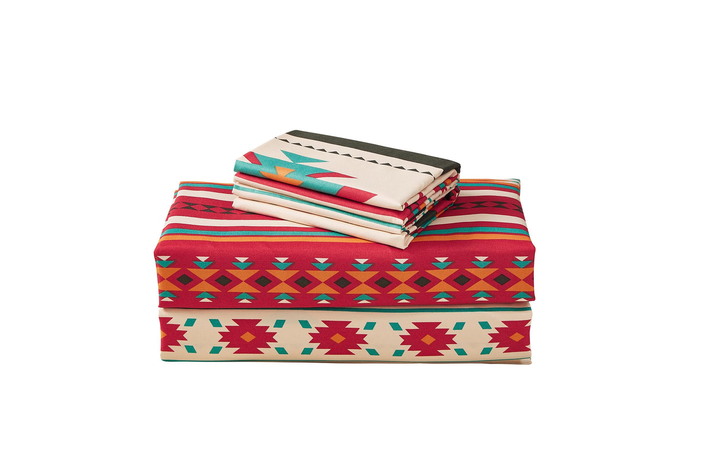 Chezmoi Collection Prescott 3-Piece Southwestern Microfiber Sheet Set, Printed Geometric Tribal Multicolor Cream Red Teal Orange Bed Sheets, Twin XL Size