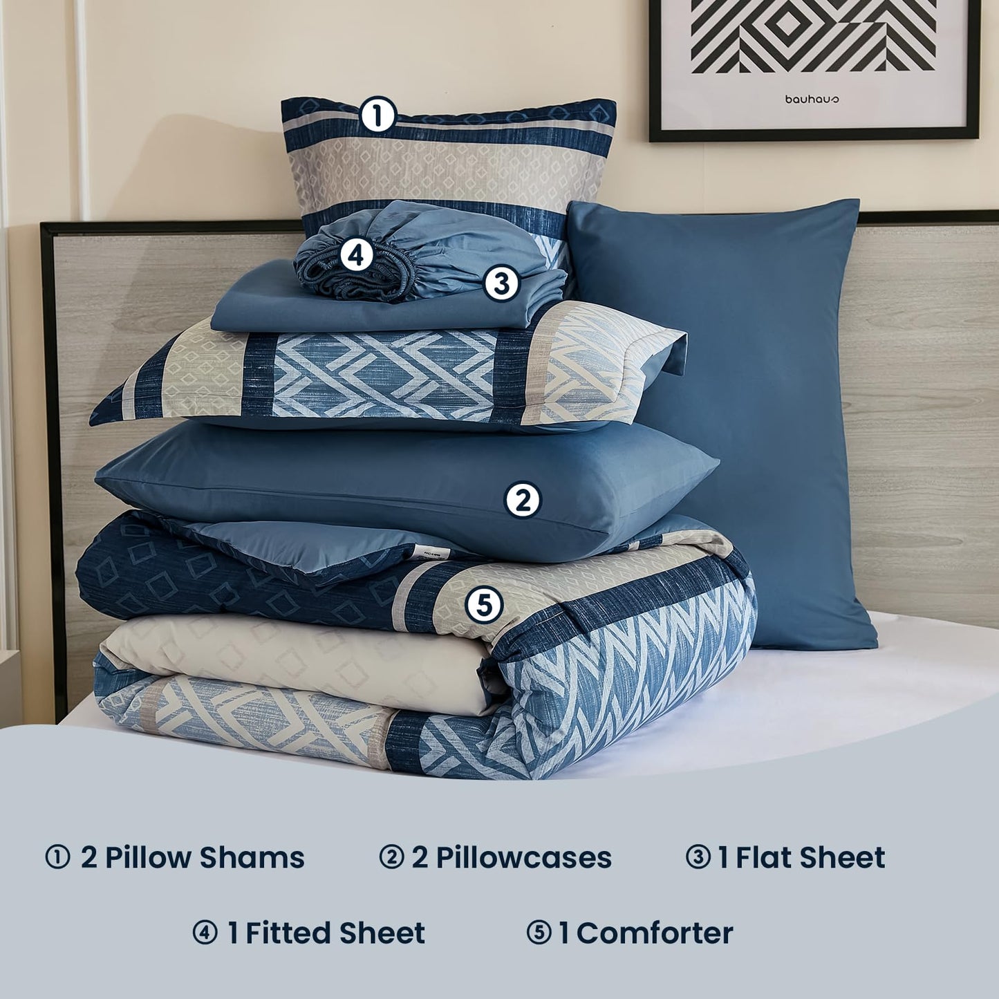 Cottolester Queen Comforter Set 7 Pieces Blue Boho Striped Bed in a Bag,Soft Microfiber Complete Bedding Sets