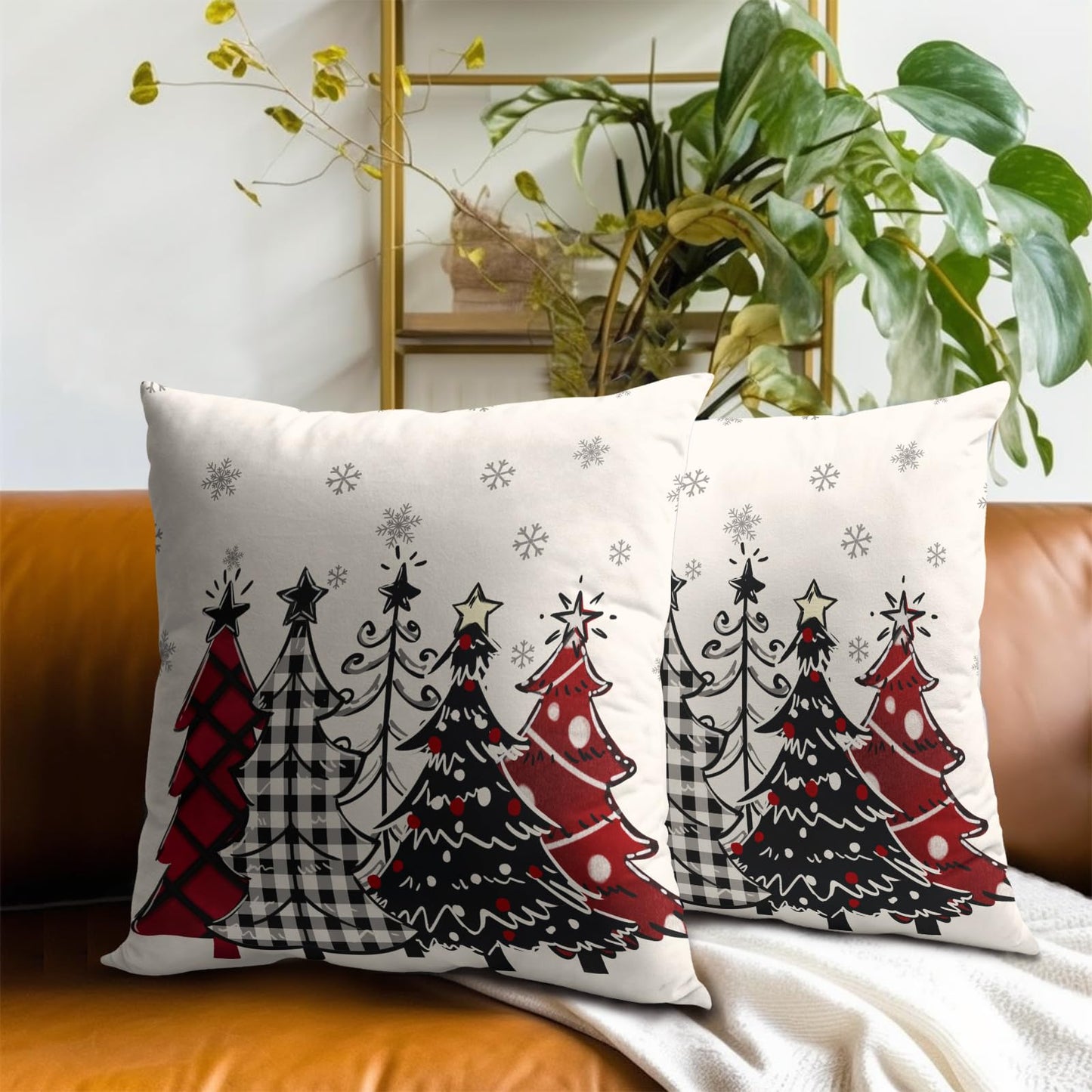 ABSOP Christmas Pillow Covers 18x18 Inch Red and Black Tree Pattern Decorative Throw Pillows Set of 2 Xmas Snowflake Pillowcases Winter Holiday Pillow Cases for Bedroom Sofa Home Decor
