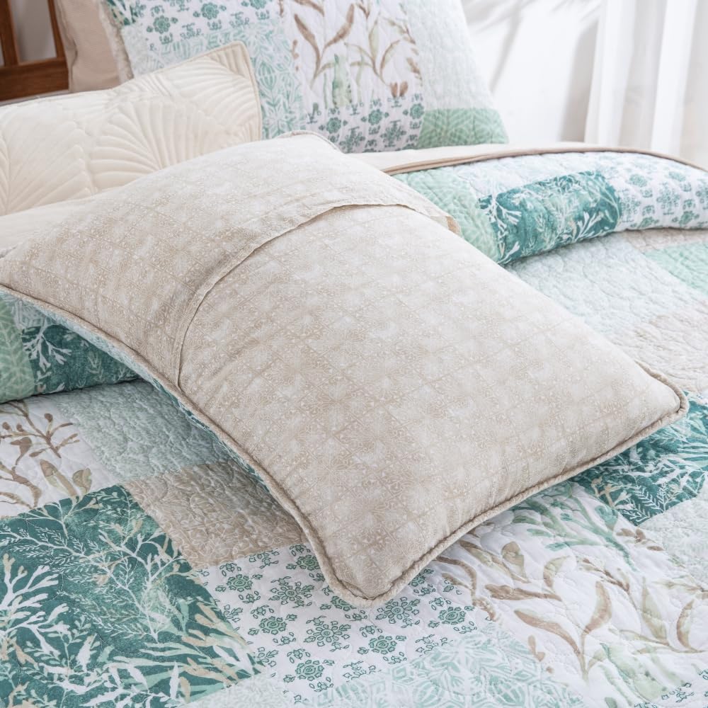 DAUAOTO 100% Cotton Quilt Set Queen Size, Farmhouse Printed Bed Coverlet Reversible Bedspread, Green Neutral Patch Pattern