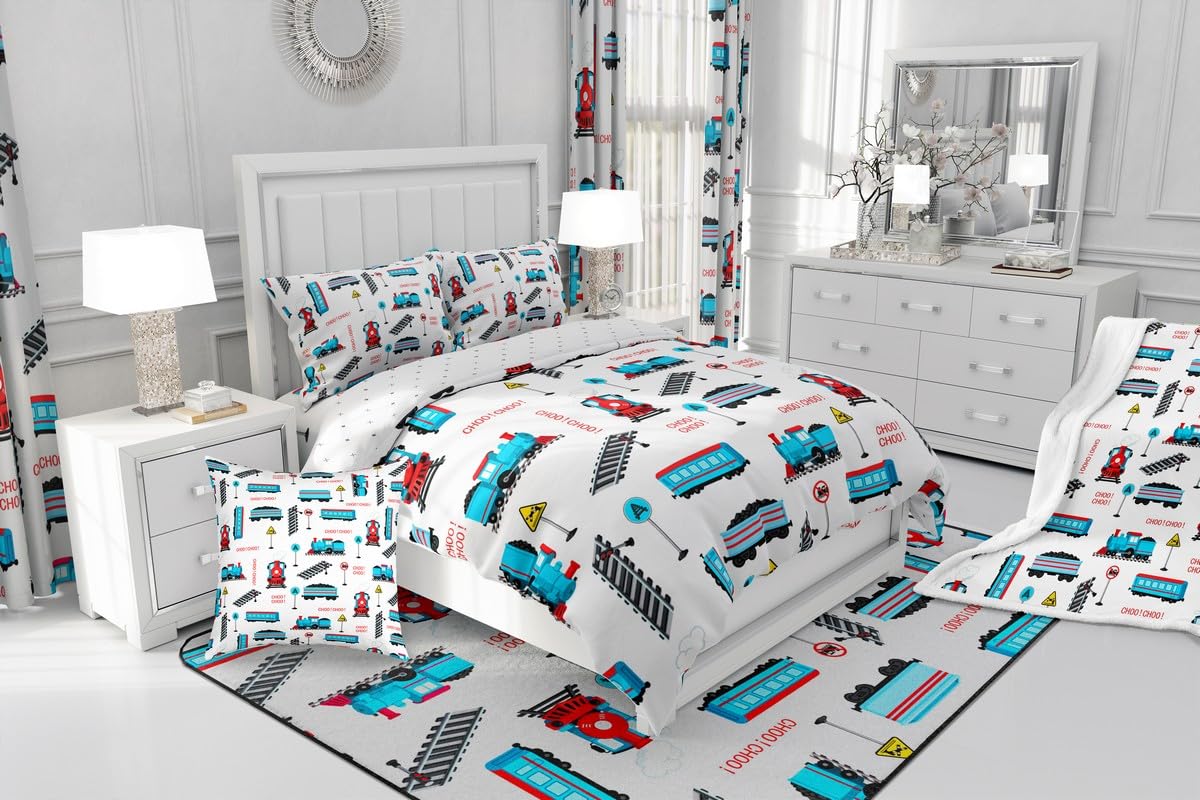 jejeloiu Tramcar Comforter Set with Sheets 7 Piece Twin Size Cartoon Car Bed in a Bag Kids Boys Girls Wired Trolley Car Bedding Set Bedroom Decor Breathable Soft Lightweight Microfiber