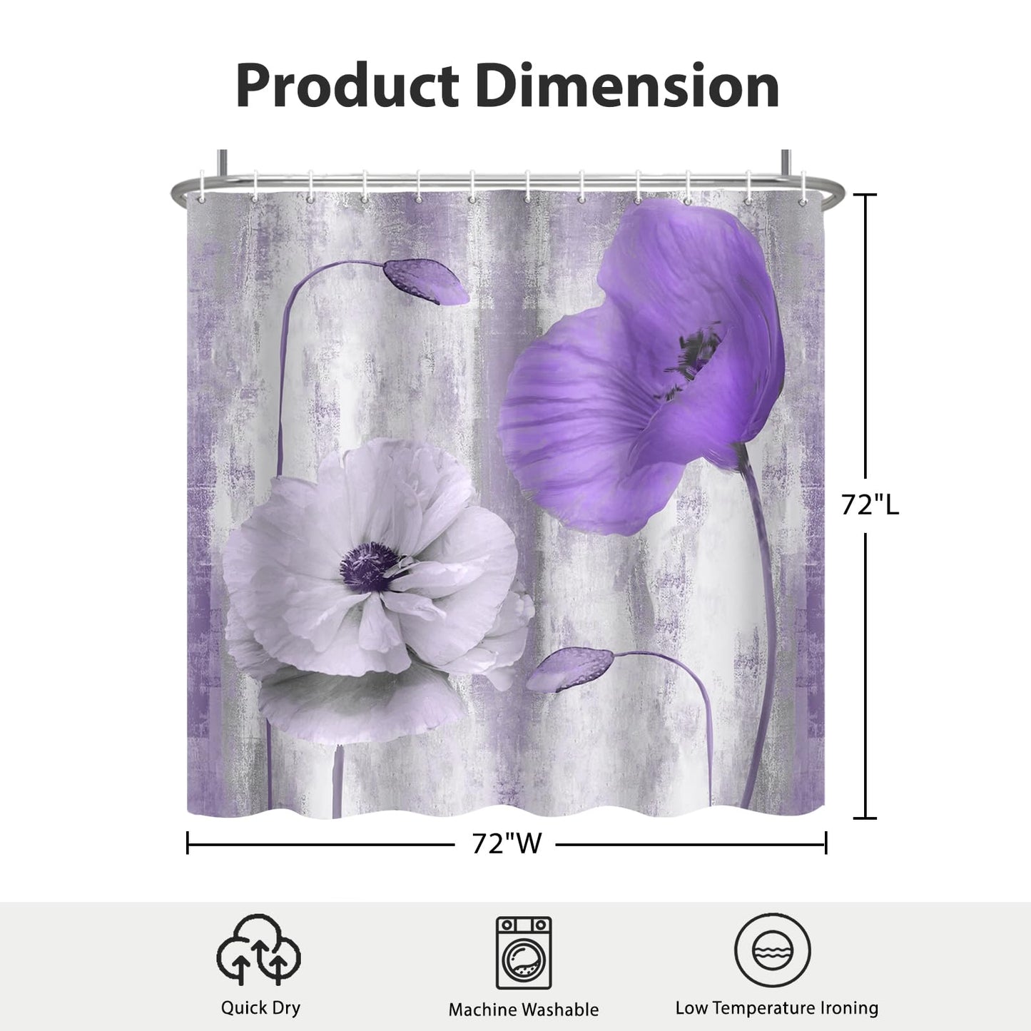 GICDSU Purple Floral Shower Curtain, Boho Farmhouse Flower Shower Curtains for Bathroom, Watercolor Turquoise Poppy Shower Curtains, Washable Fabric Bathroom Curtains with Hooks, 72x72 Inches