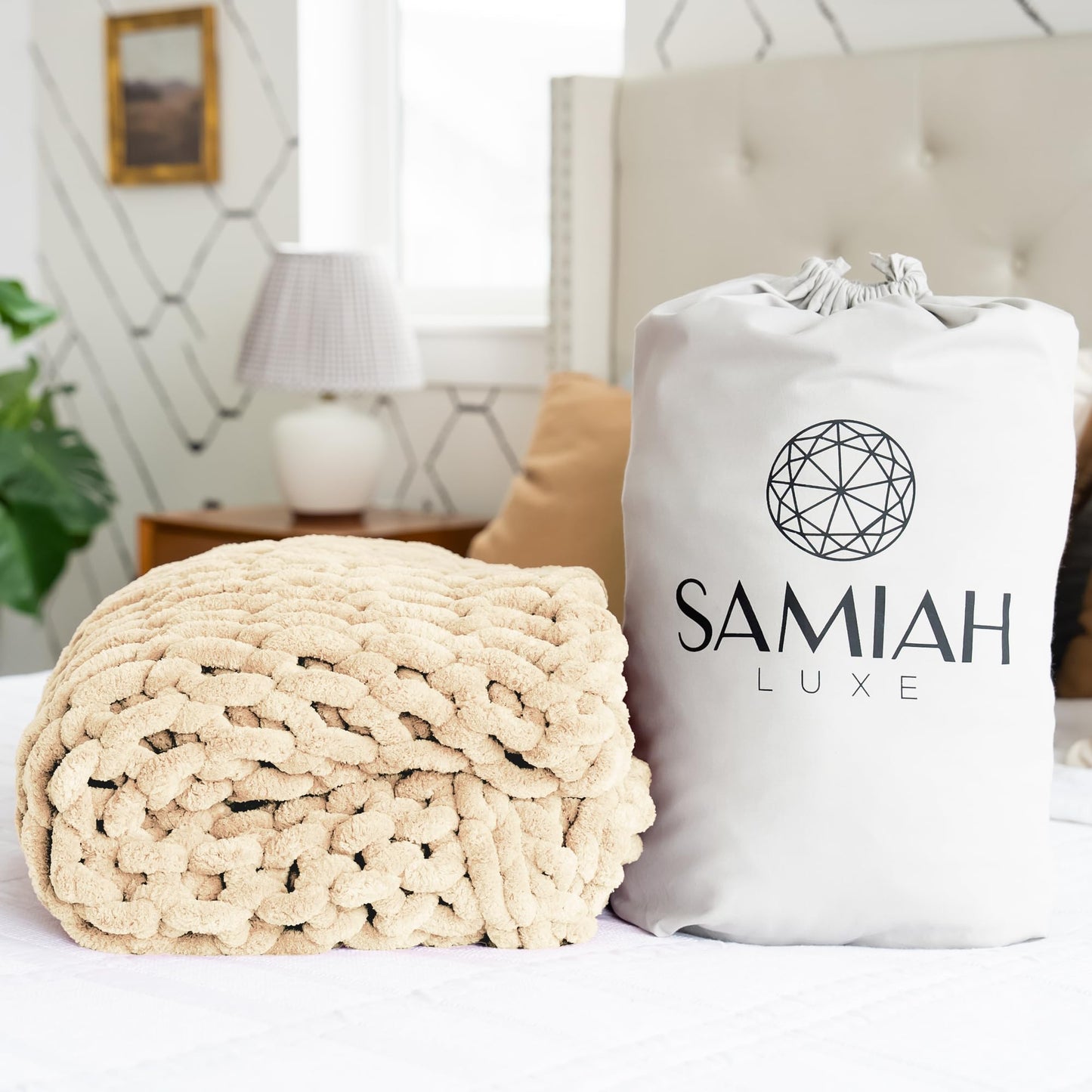 SAMIAH LUXE Chunky Knit Throw Blanket 50x60, Buttercream Cream Chenille Throw Blanket for Couch Bed Sofa, Soft Fluffy Cable Knit Blanket, Oeko-TEX Certified, Machine Washable