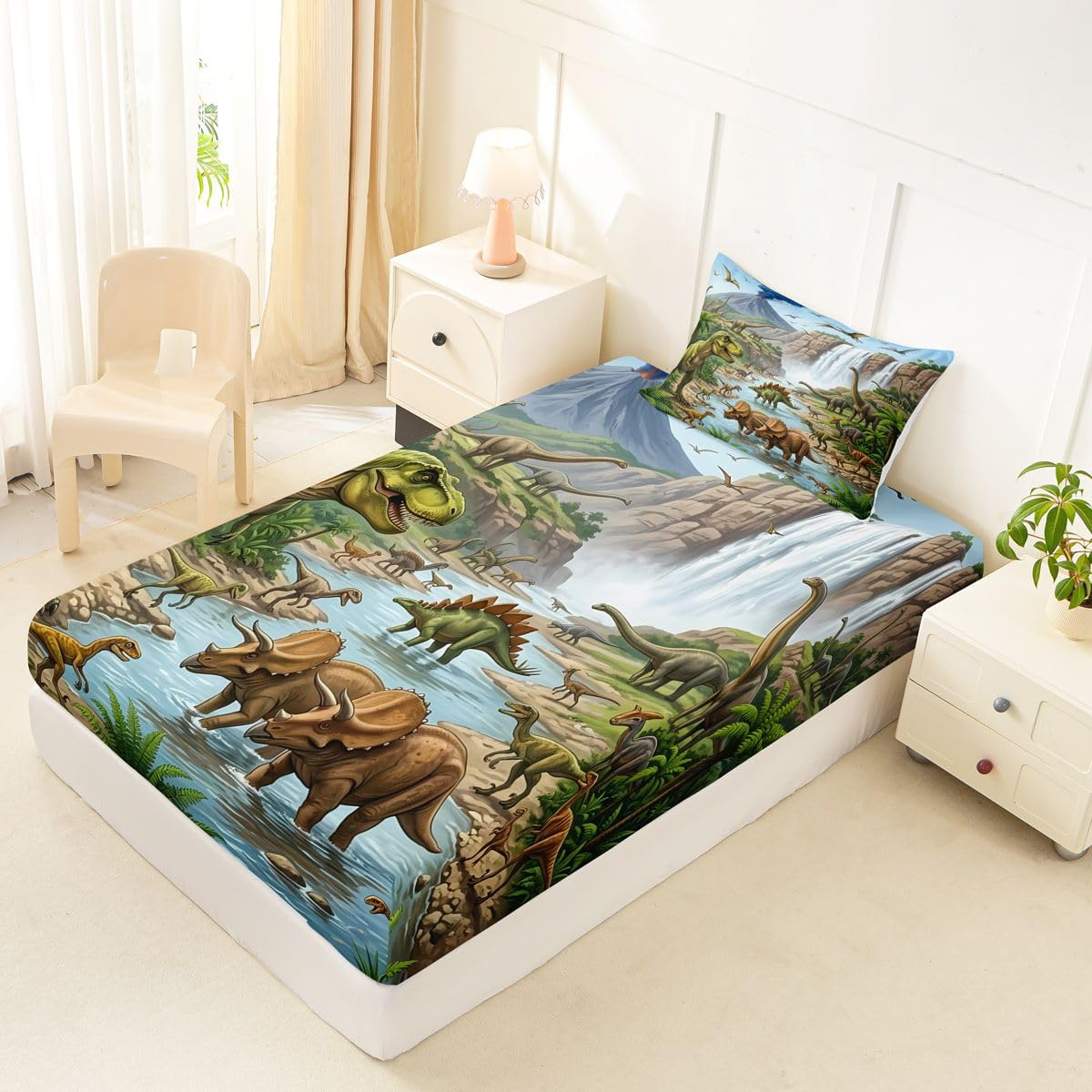 Feelyou Dinosaur Bed Sheets Sets Twin Size Kids Boys Girls 3D Digital Print Bedding Set Jungle Dino Bed Sheet Set with 16-Inch Deep Pockets Wild Animal 3Pcs with 1 Pillow Cases Green Blue and White