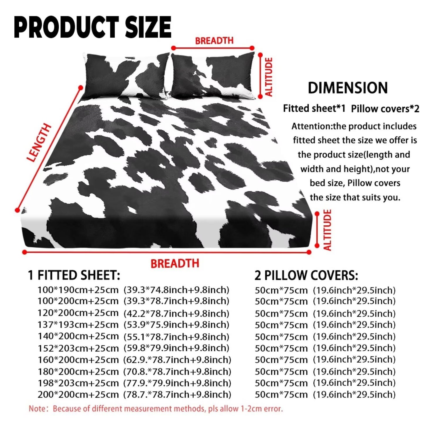 ZDCUSTOM Cow Print Sheet Sets of 3 Twin XL Size Soft Classic Fitted Sheet with 2 Pillowcases Easy Care Non-Slip Bedsheet for Twin XL Size Bed Stylish, 39" x 79"