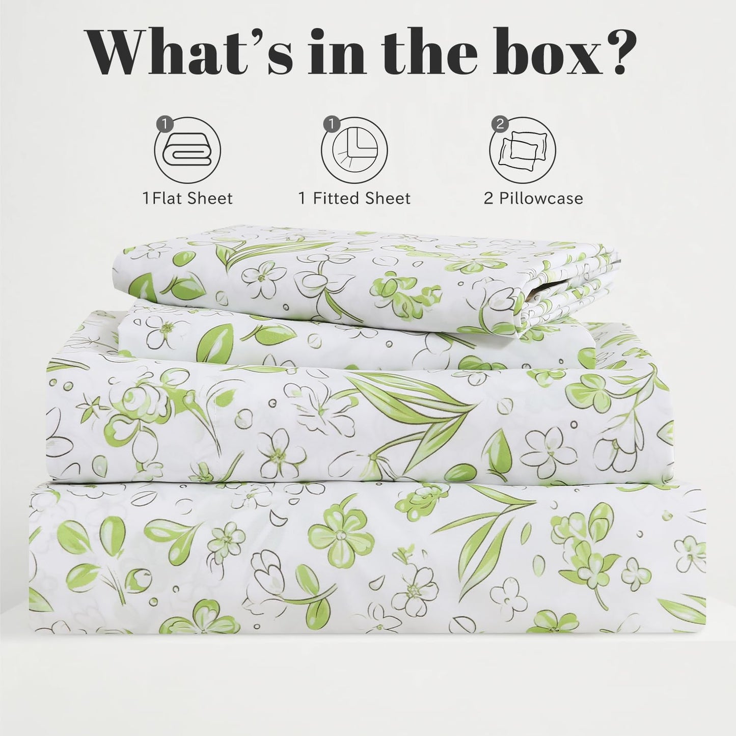 Bedlifes King Sheet Set Ultra Soft, Breathable, Silky Flower Deep Pocket 100% Microfiber Bedding, 4 Piece King Size Green Floral