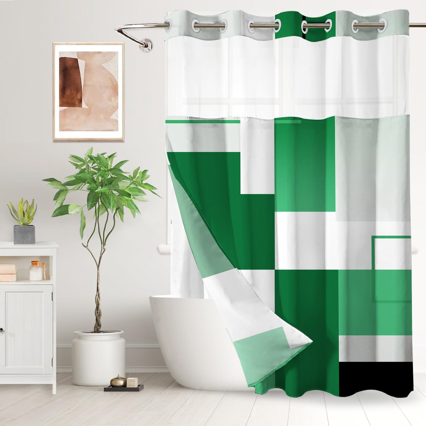Green Hookless Shower Curtain Set with Snap in Liner, Green White Bathroom Decor, 71x74 Inches, Geometric Bathroom Curtain with Liner and See Through Top Window