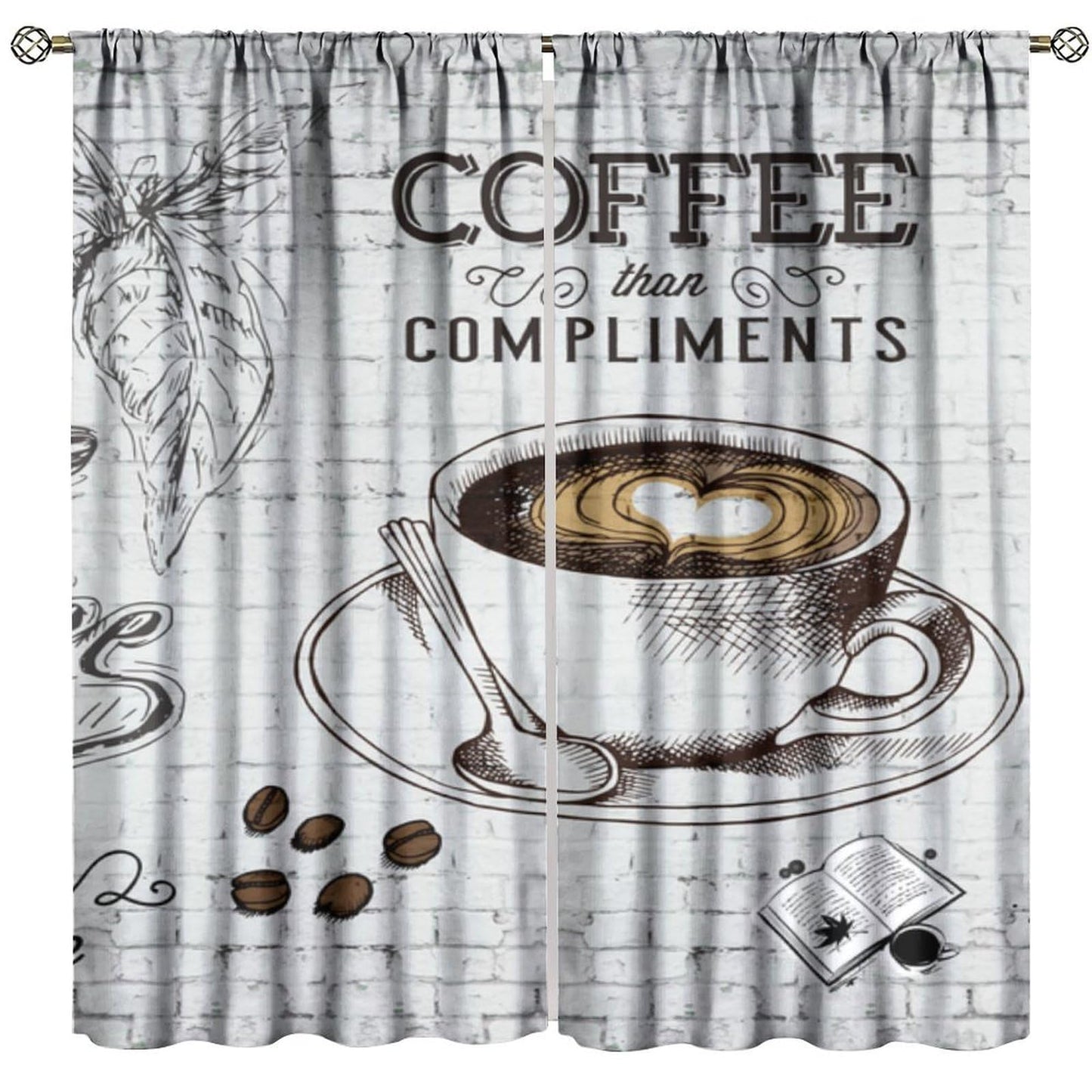 Coffee Kitchen Curtains Vintage Hand Drawn Coffee Themed Curtains Rod Pocket Window Treatment for Bedroom Living Room 2 Panels 41"x 45"(No Blackout)