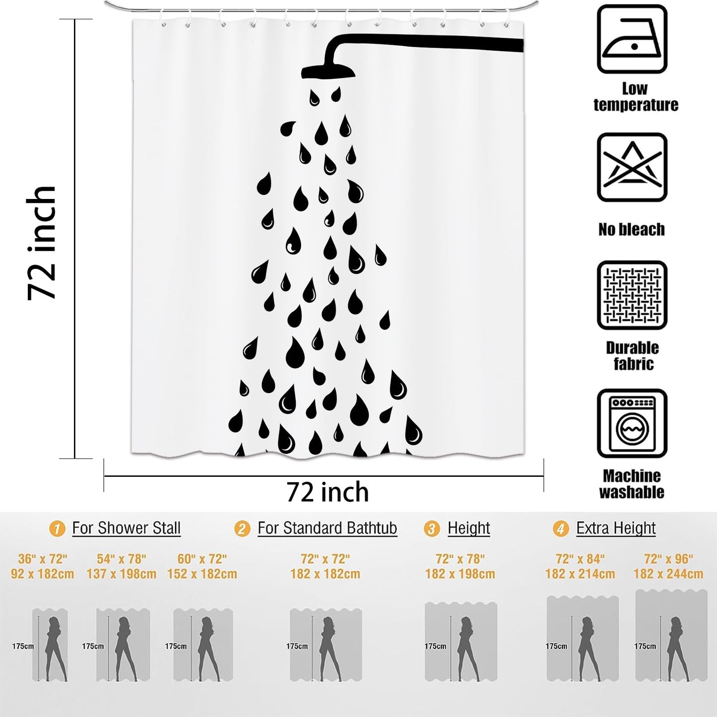 Emwnodti Cute Funny Raindrop Shower Head Shower Curtain, Black White Water Droplets Modern Minimalis Bathroom Decor, Polyester Fabric Waterproof Bath Curtain Accessory Set with 12 Hooks 72x72 inch