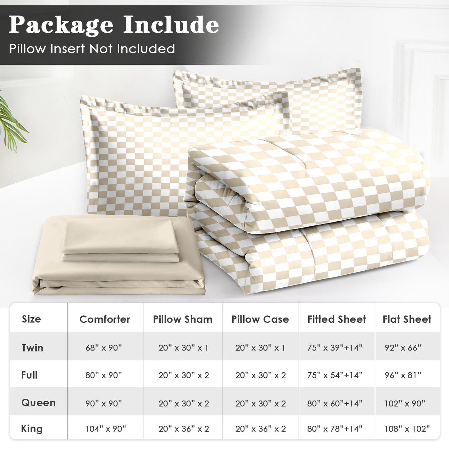 Nesphy Plaid Checkerboard Grid Geometric Beige Comforter Set 7 Pcs Full Size Quilt, Modern Checkered Op Art Soft Bedding Set with Flat and Fitted Sheet Pillowcases Sham for Adults Bedroom Bed Decor