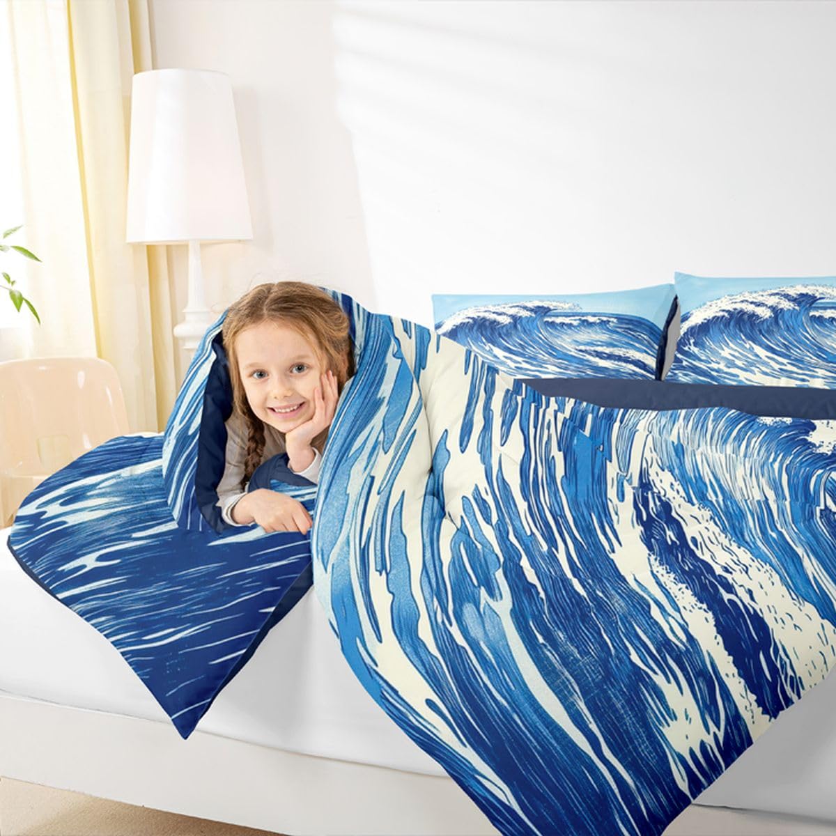 jejeloiu Wave Bedding Set Soft for Boys Girls, Ocean Wave Comforter Set Queen Size Japanese Style Duvet Quilt Microfiber Abstract Bedroom Decor 3 Pcs with 2 Pillow Cases