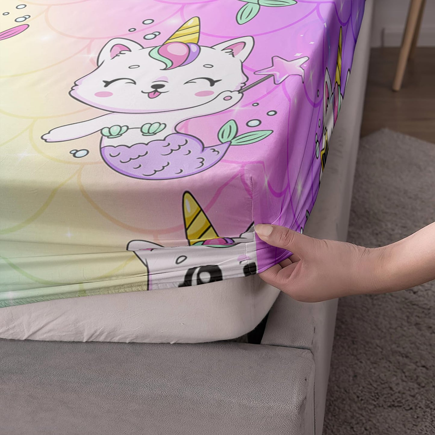 Axolotl Kawaii Unicorn Cat Sheets Set Twin,Rainbow Cartoon Cat Sheets Set,Mermaid Scales Bedding Set for Girls,Cats Bed Set,1 Flat Sheet 1 Fitted Sheet 2 Pillowcases,Pink Blue