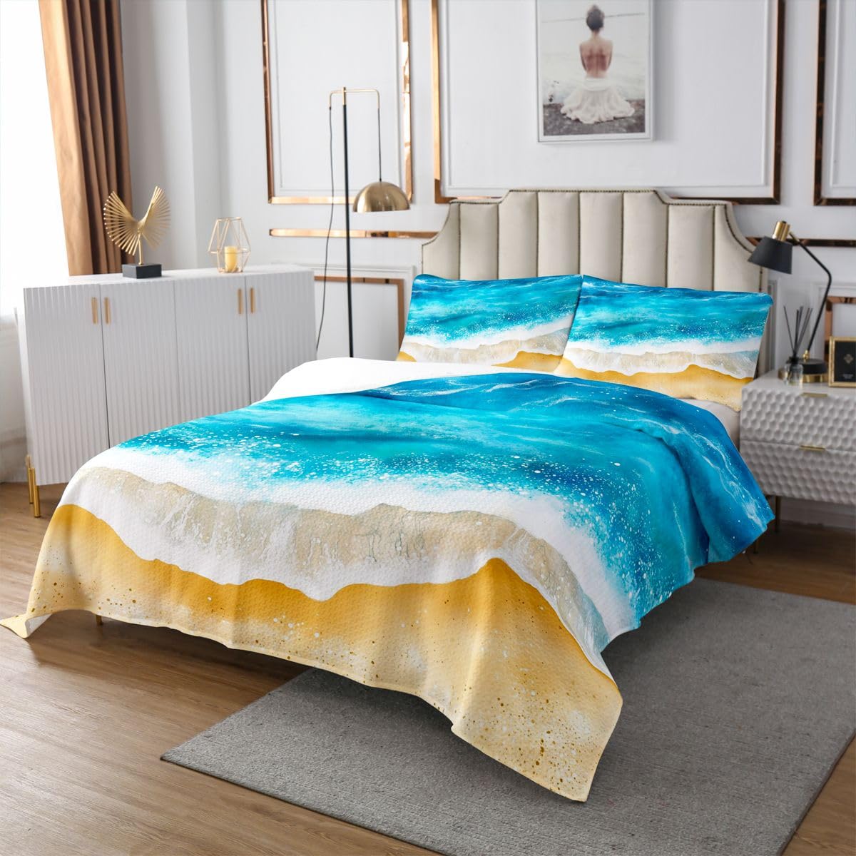 jejeloiu Ocean Sea Bedspread 3 Pieces Queen Size Beach Coverlet Set Soft Cozy Coastal Summer Lightweight Quilted Coverlet for All Season with 2 Pillowcases