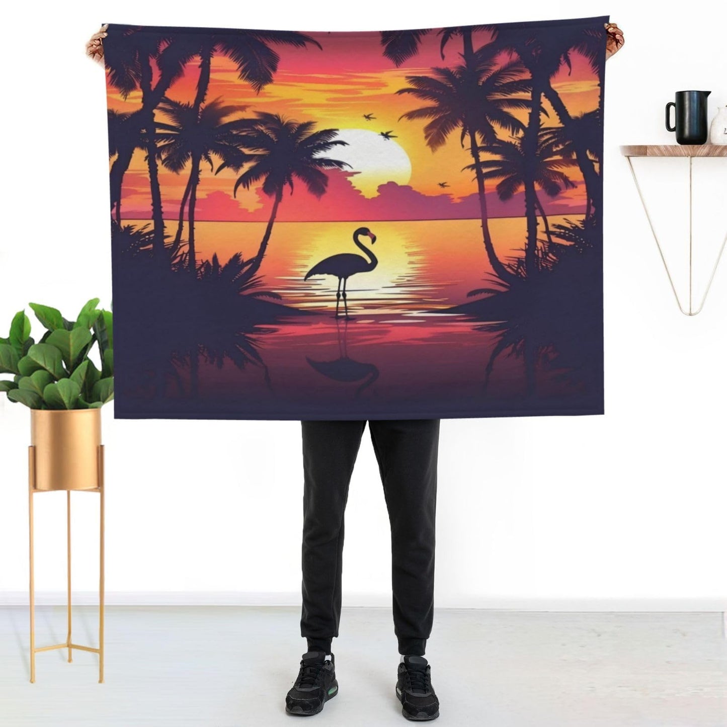 Jfniub Flamingo Sunset Palm Trees Beach Blanket Throw Bedding Room Decor Flannel Blankets for Bedroom Living Rooms Warm All Season 50"X40"