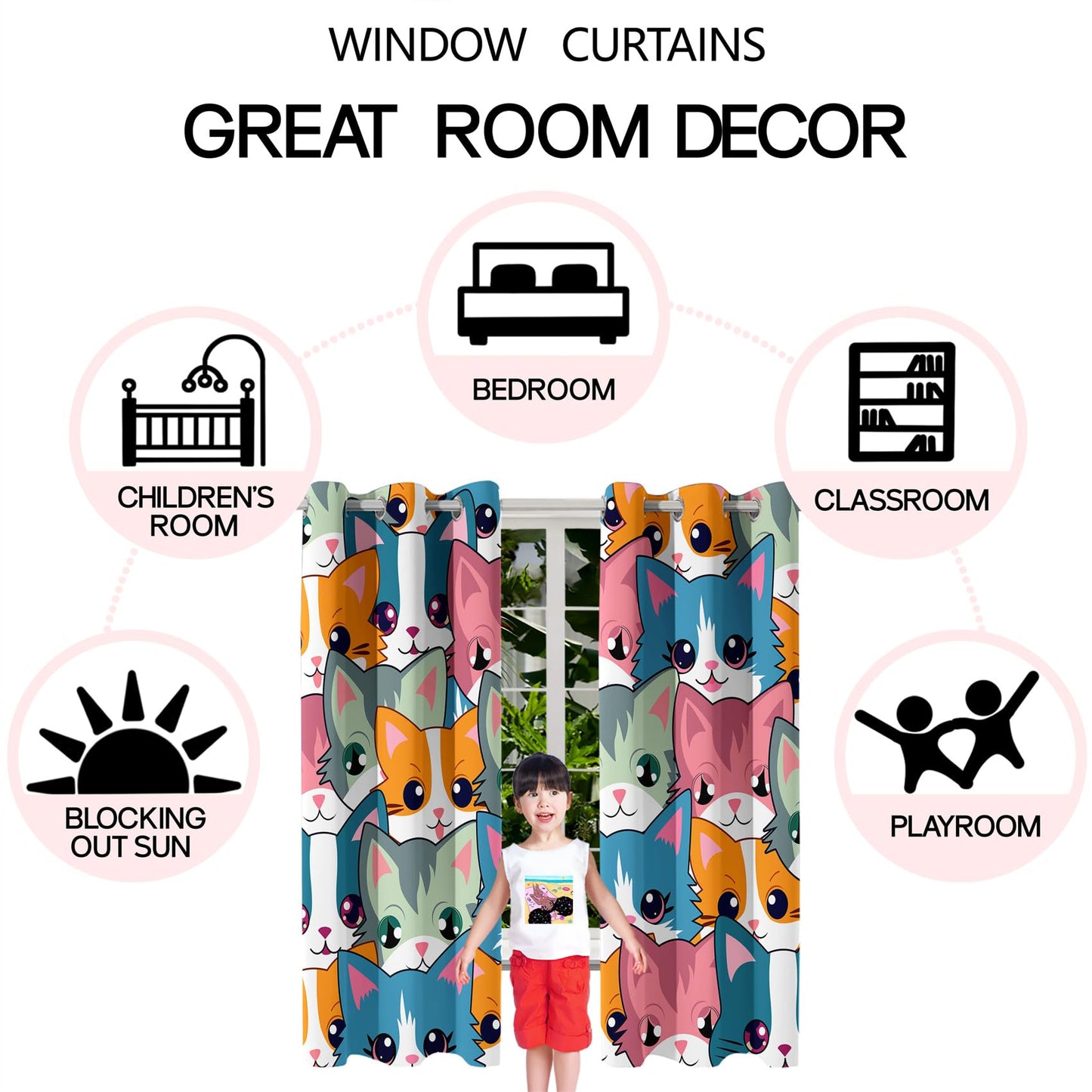 Kossmjx Cat Blackout Curtains for Girls - 2Pcs Cute Cartoon Cat Patterns Curtain Panels for Girls Bedroom Lovely Cats Drapes Darkening Window Curtain for Living Room Bedroom, 82" x 63"
