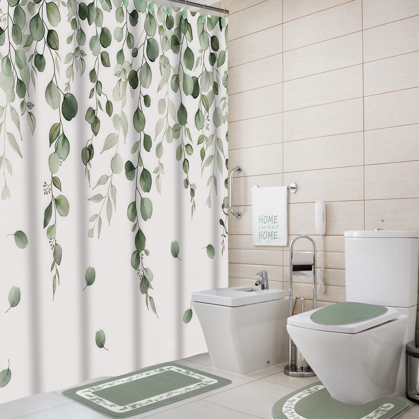 Peryiter 21 Pcs Sage Green Bathroom Set Eucalyptus Leaves Shower Curtain with 12 Leaf Hooks, 4 Sage Green Bath Towels 2 Non-Slip Rugs U-Shaped Toilet Mat & Cover Eucalyptus Decor for Bathroom
