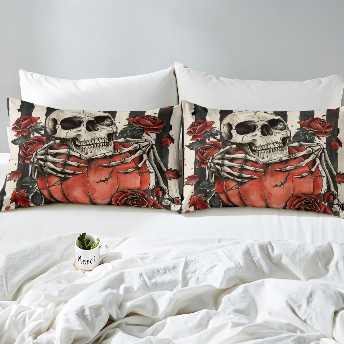 jejeloiu Kids Halloween Decor Bed Sheets Sets Twin Size Kids Boys Girls Pumpkins Bedding Set Gothic Skull Bed Sheet Set with 16-Inch Deep Pockets Rose Blossoms Print 3Pcs with 1 Pillow Cases
