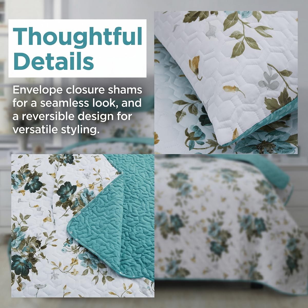 SANOCAY Boho Floral Quilt Set King Size, 3 Piece Lightweight Summer Bedding Set with 2 Pillow Shams, Soft Reversible Microfiber Bedspread, Farmhouse Coverlet for All Season (Sage Green, King)