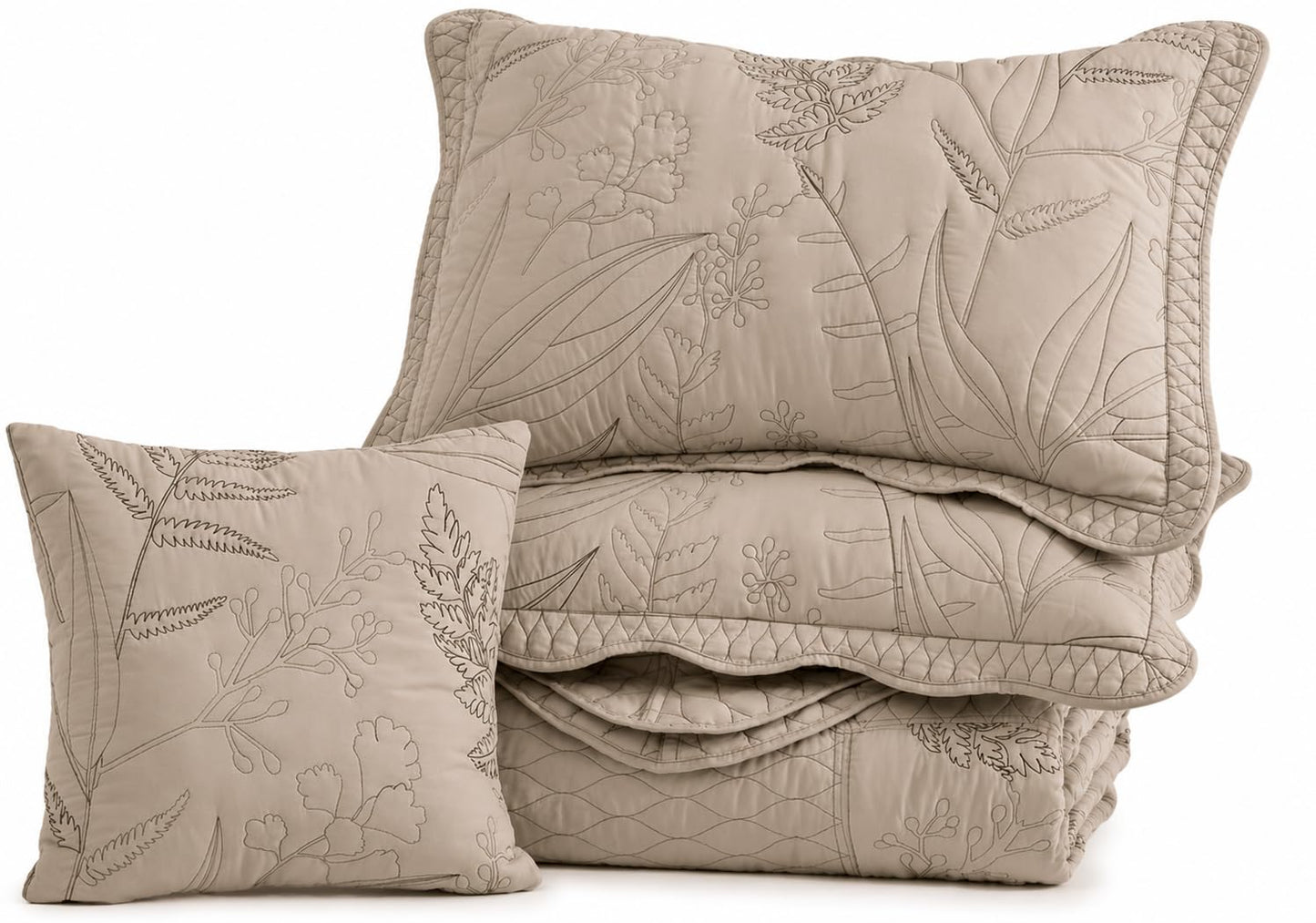 DaisyHuang Botanical Oversized Bedspread King Size - Leaves Pattern Stitching Quilt Set - Elegant & Fresh Style Bedding Coverlets, Reversible, Lightweight, 5 Piece, Taupe
