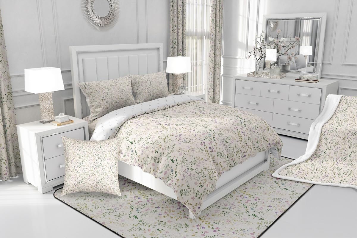 Feelyou Floral Comforter Set All Season Plant Bedding Set with 2 Pillow Cases Farmhouse Garden Microfiber Kids Full Bedclothes Cute Bedroom Decor White Beige Duvet Quilt Breathable Soft Lightweight