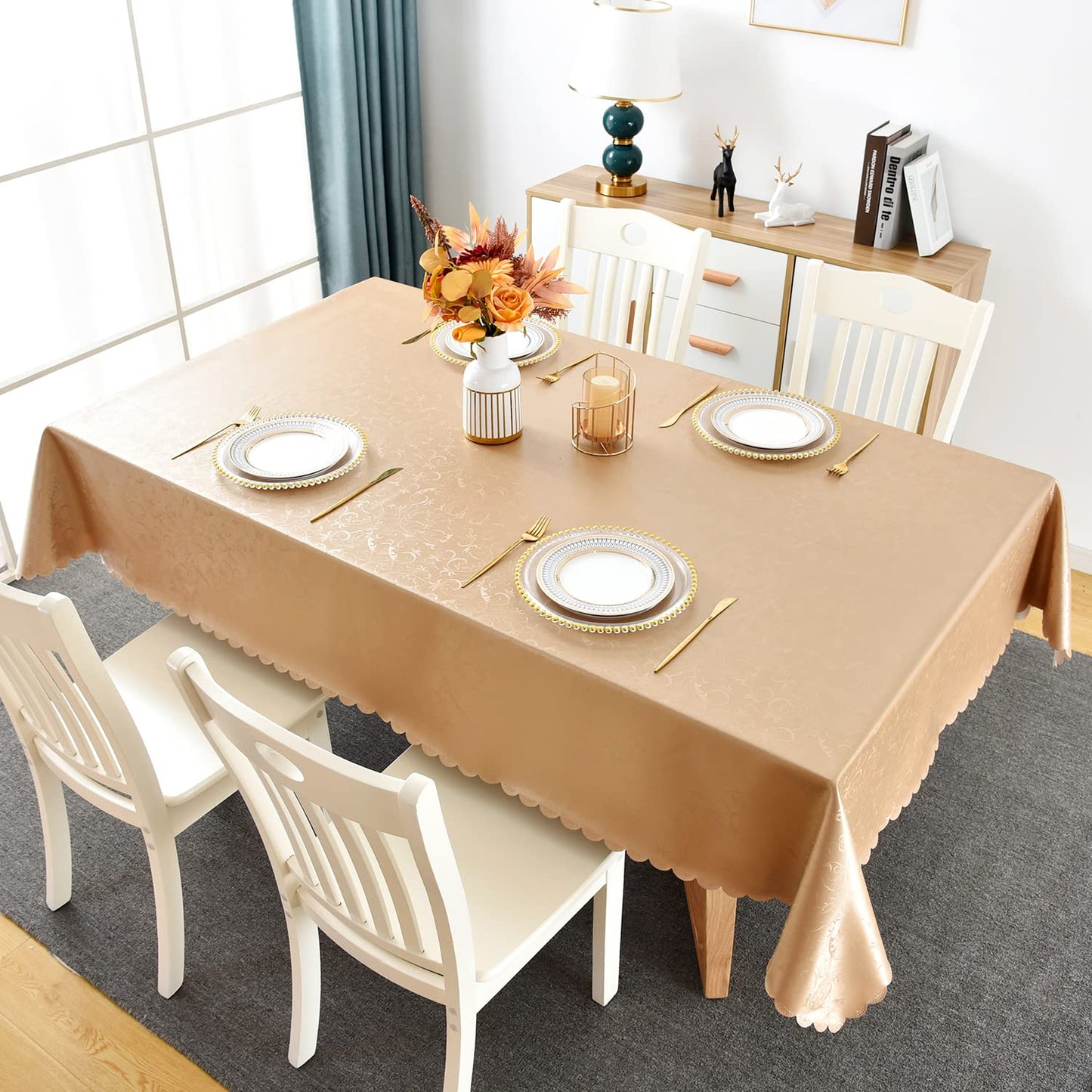 Romanstile Rectangle Vinyl Tablecloth,100% Waterproof Heavy Duty Oil Spill Proof Stain Resistant Plastic PU Table Cover with Flannel Backing for Kitchen, Dining (Flower Champagne, 52 x 70)