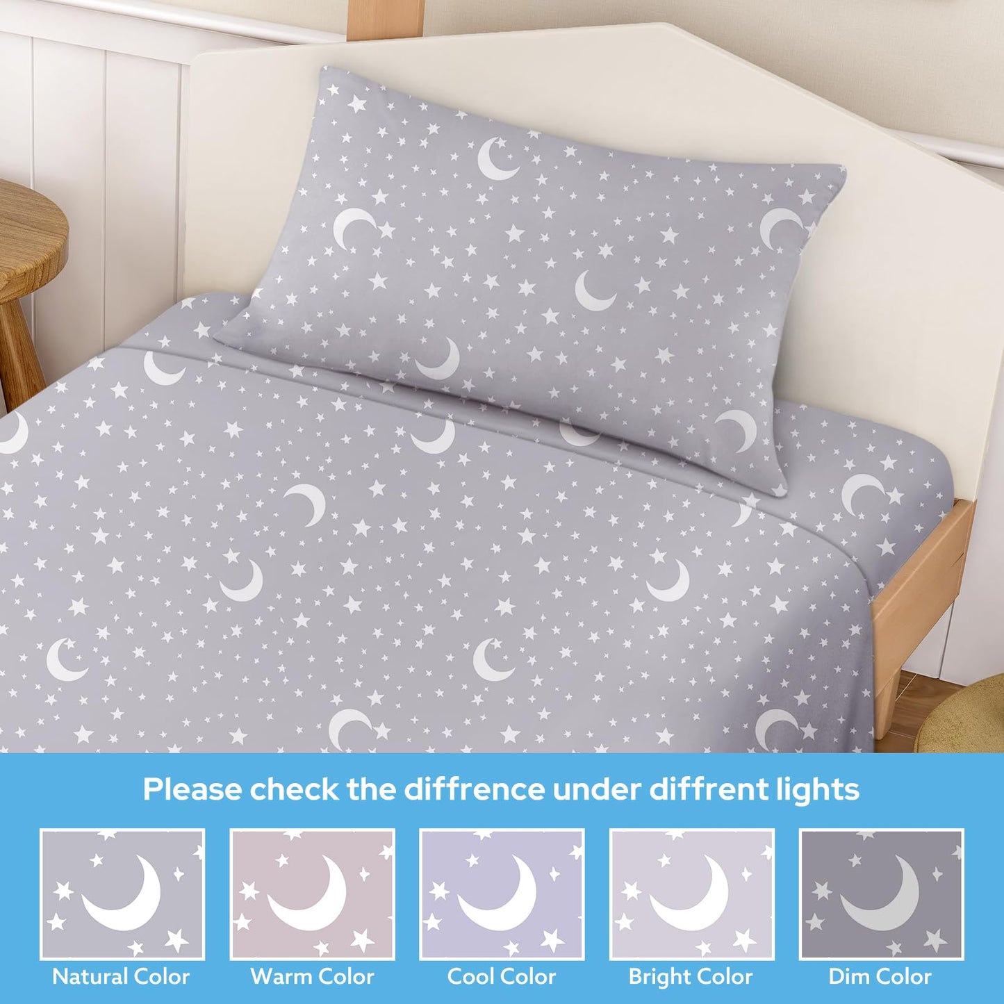 BYSURE Twin Sheets Set Kids(Moon&Stars, Light Grey), 3 Pieces Easy Fit Deep Pocket Sheets Set, Breathable Wrinkle-Free Microfiber Bedding for Children