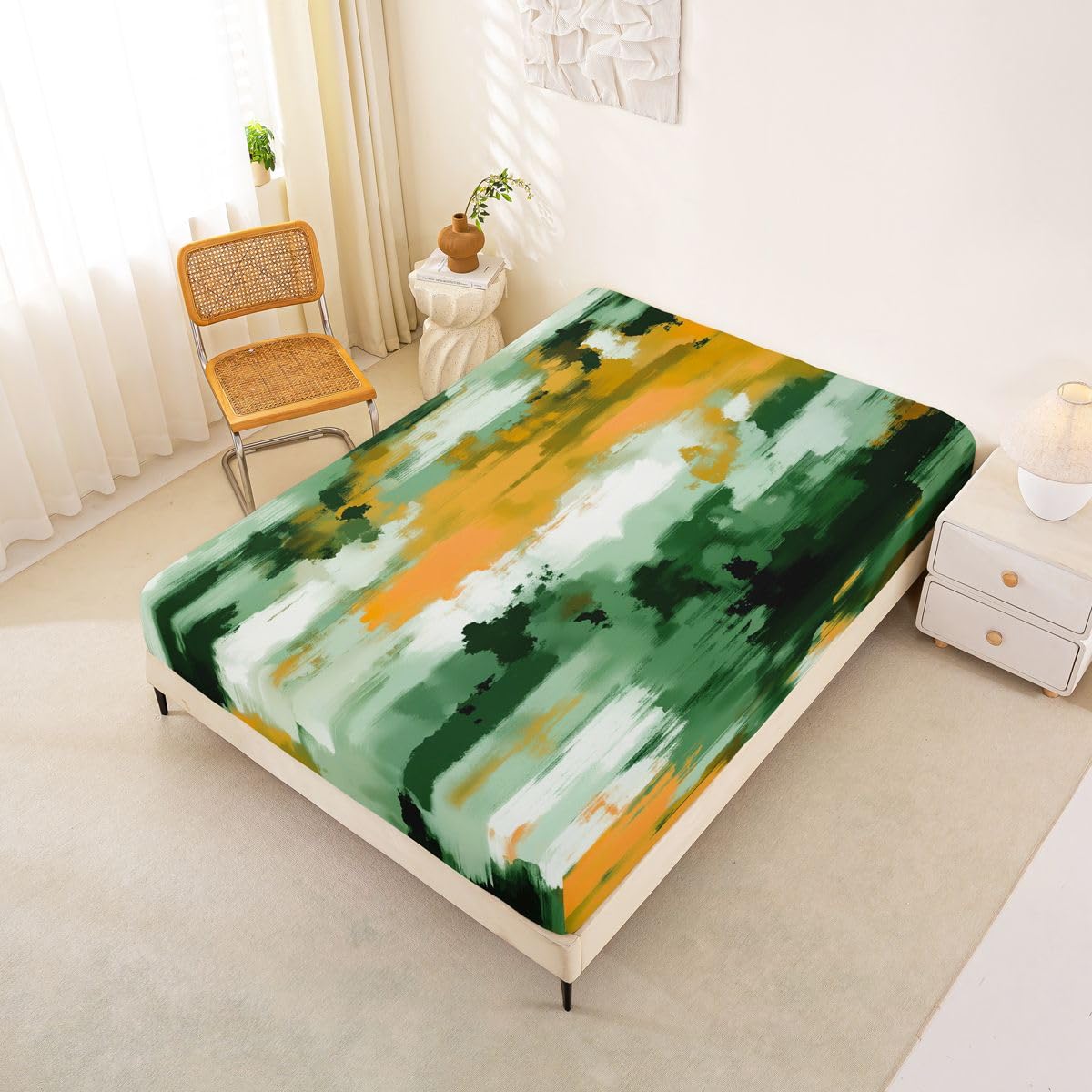 Feelyou Modern Abstract Fitted Sheet Queen Size for Kids Boys Girls Abstract Bed Sheets Set 16" Deep Pocket Soft Breathable Microfiber Green Yellow Bedding with 2 Pillowcases Room Decor