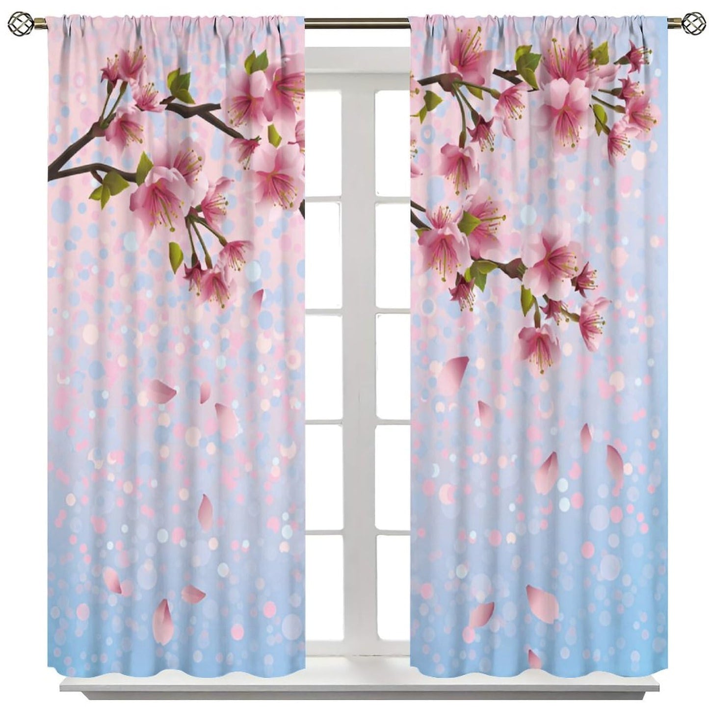 Mchenxin Colorful Spring Flower Curtains for Kitchen, Japanese Cherry Branch Falling Petals Print Window Drapes Curtains for Bedroom Bathroom Cafe, 42x45in (No Blackout)