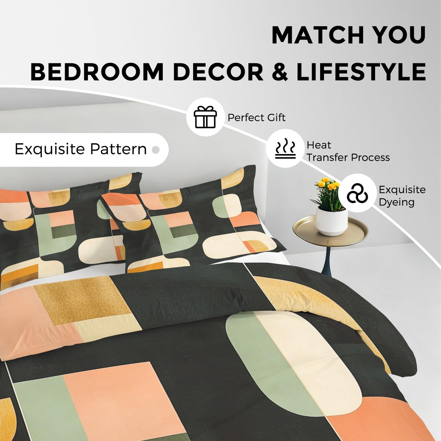Abstract Geometric Duvet Cover Twin Size, Mid Century Modern Bedding Set 2 pcs with 1 Pillow Cover, Abstract Art Bedroom Decor, Soft Microfiber Reversible, Zipper & Ties KJJT 15
