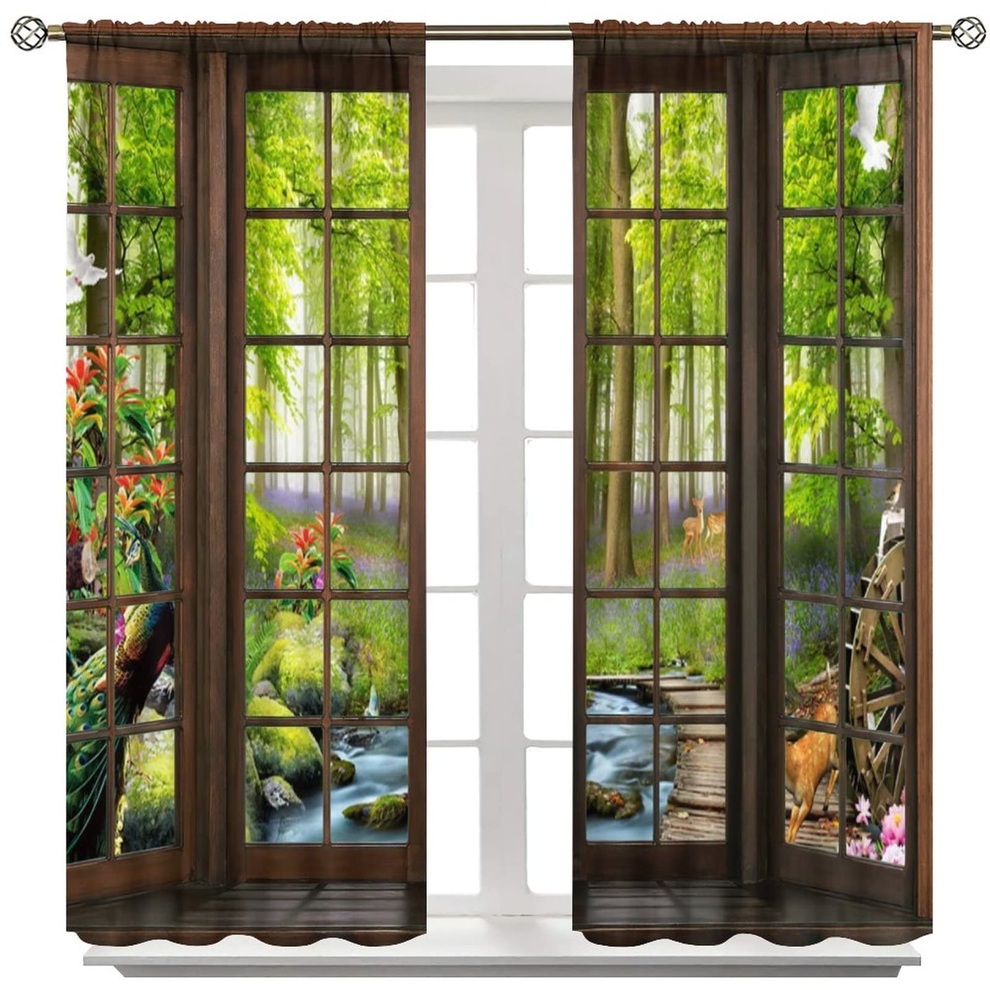 AuiMzoo Landscape Curtains, 3D Window Spring Forest Wildlife Nature Scenery, Bedroom Living Room Blackout Thermal Curtains 2 Panel Set, 42x45 Inch, Style-4