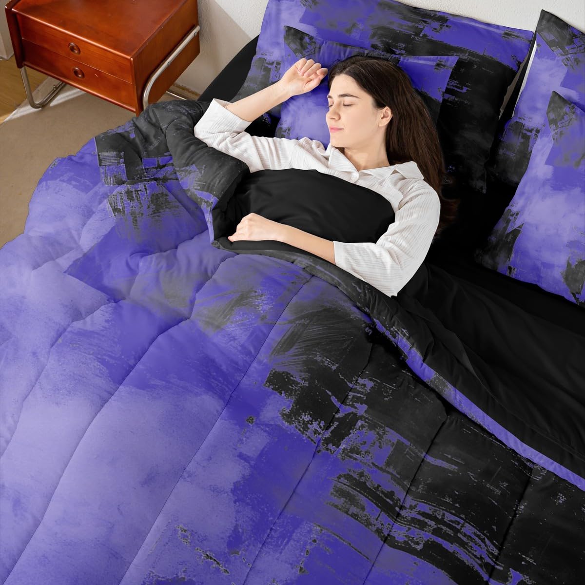 Feelyou Abstract Comforter Set King Size 7 Pieces Modern Abstract Art Bedding Set Luxury Bed in a Bag with Comforter, Sheets, Pillowcases, Cushion Covers Geometric Bedroom Decor Royal Blue