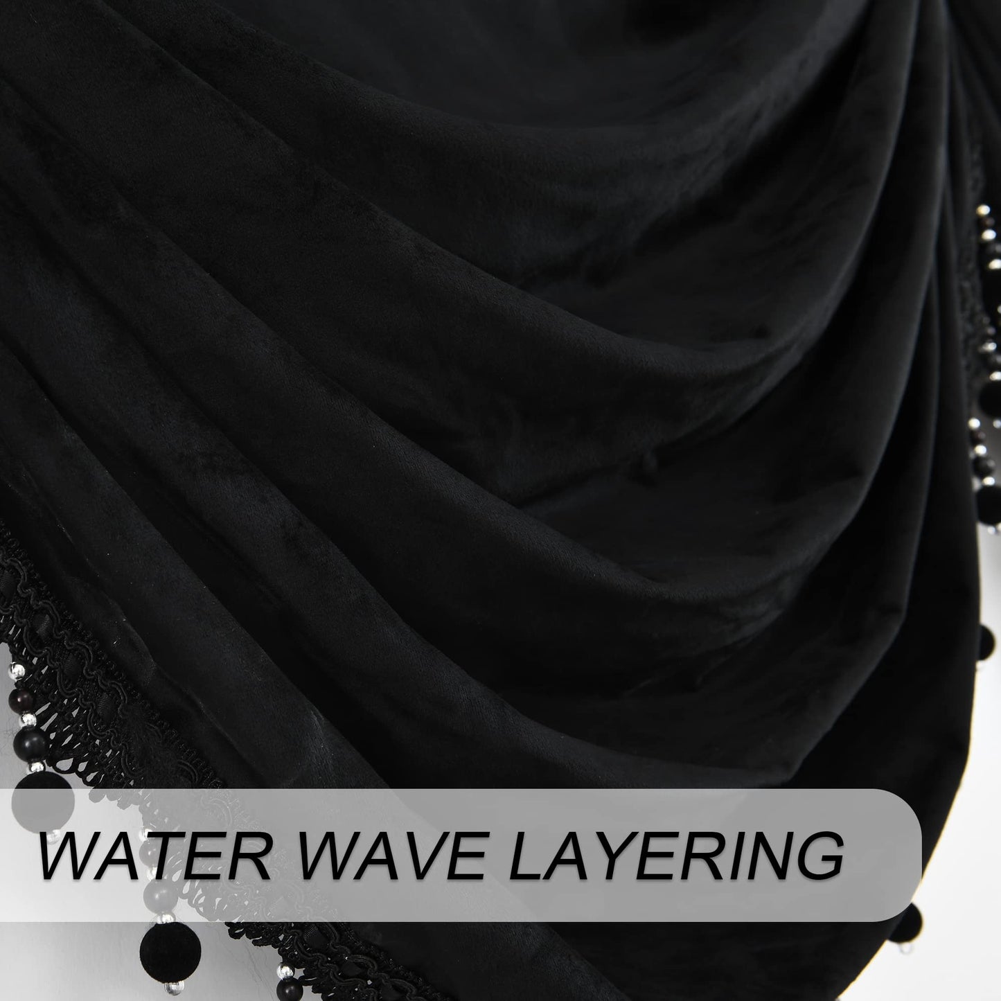 OYRING Black Velvet Rod Pocket Waterfall Valance for Living Room Window Valances for Kitchen (1 Panel, W39 Inch, Black)